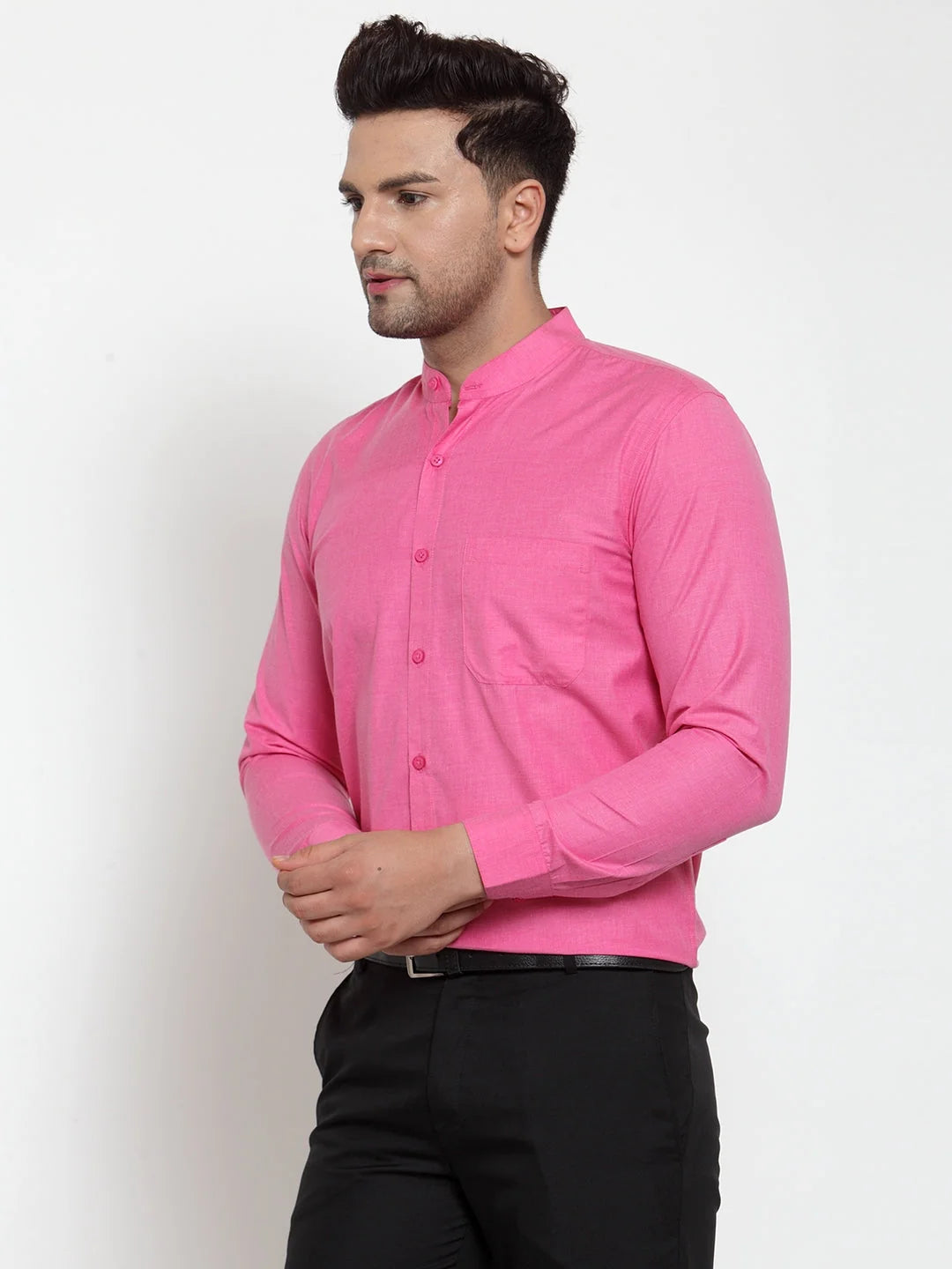 Pink Cotton Mandarin Collar Formal Shirts | Indian Needle