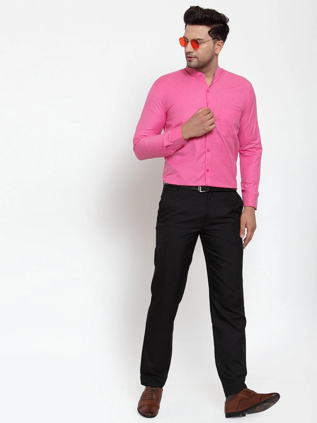 Pink Cotton Mandarin Collar Formal Shirts | Indian Needle