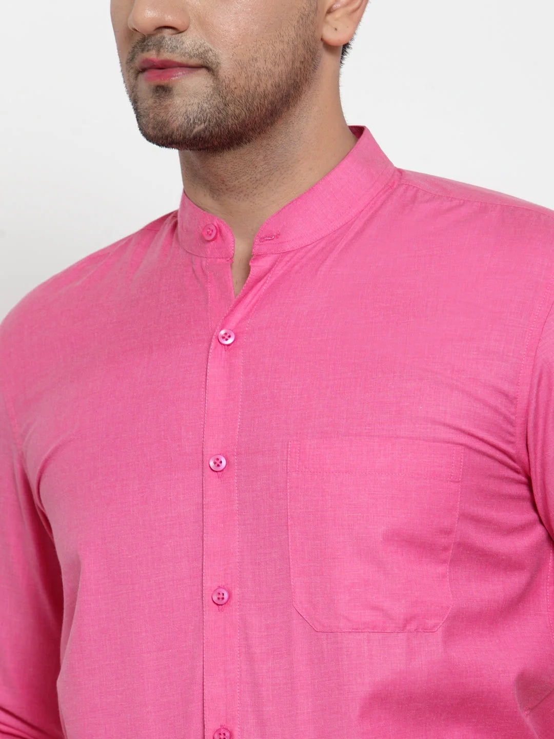 Pink Cotton Mandarin Collar Formal Shirts | Indian Needle
