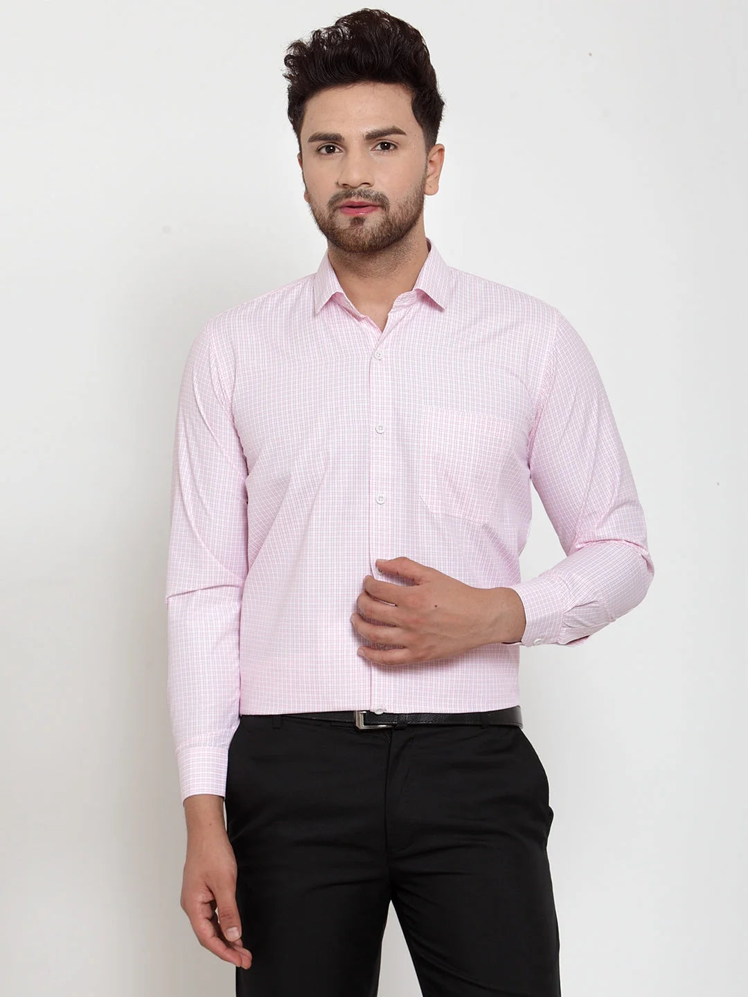 Pink Cotton Checked Formal Shirts for Men | Indian Needle