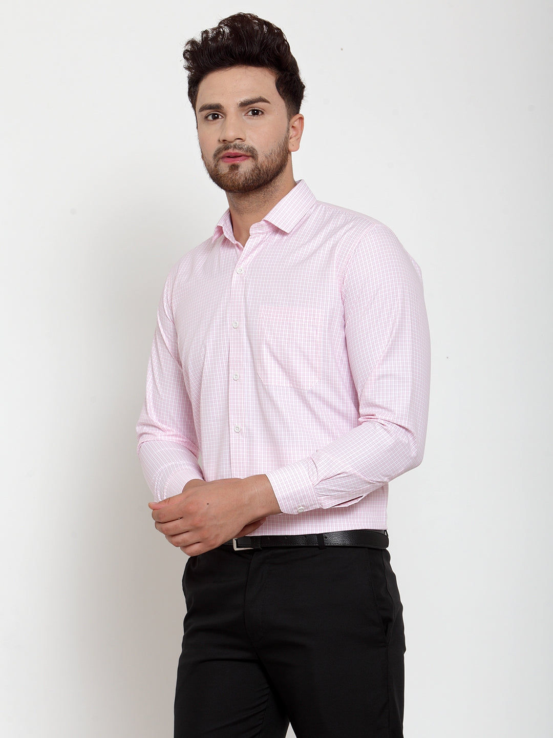 Pink Cotton Checked Formal Shirts for Men | Indian Needle