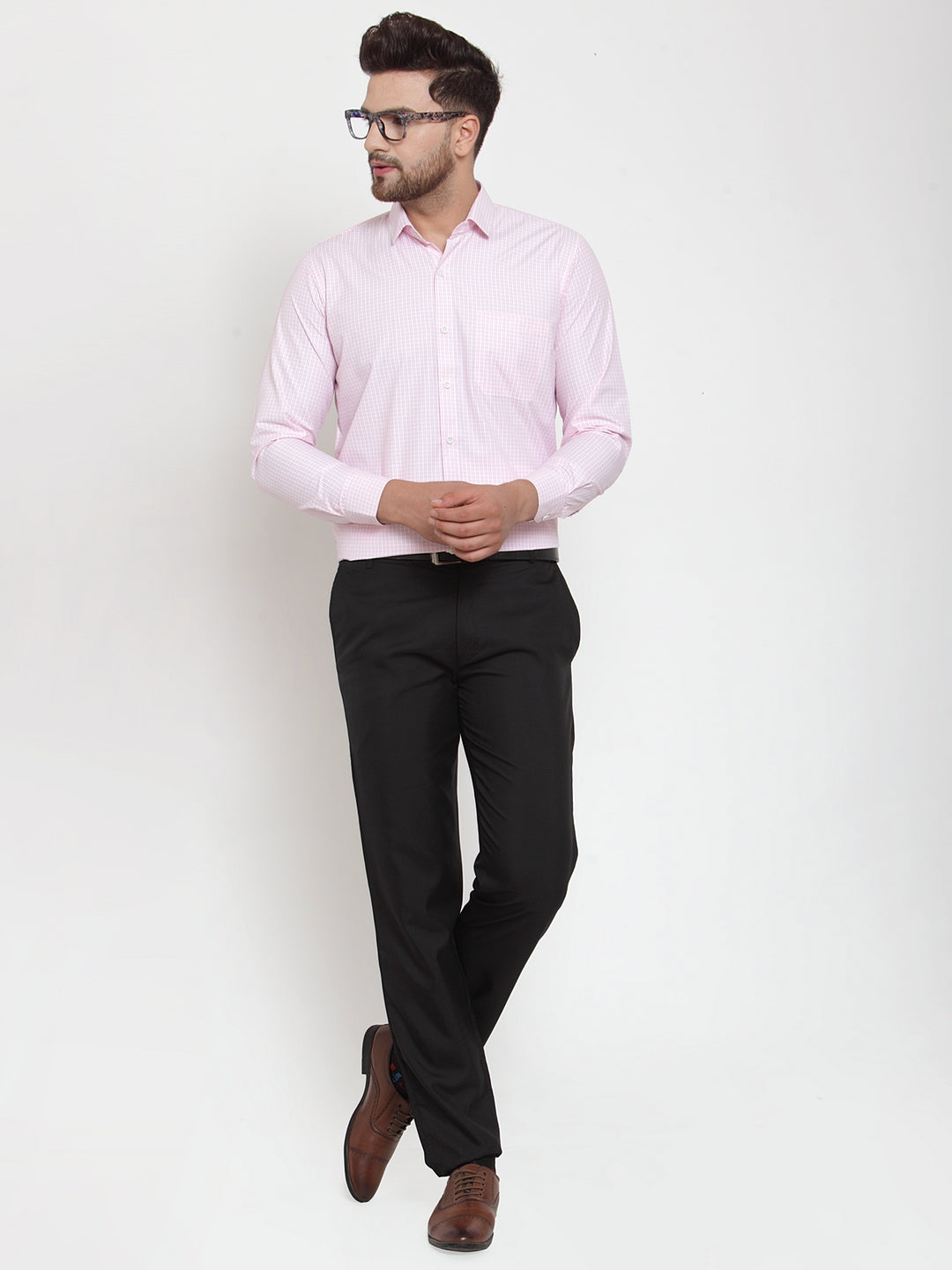 Pink Cotton Checked Formal Shirts for Men | Indian Needle