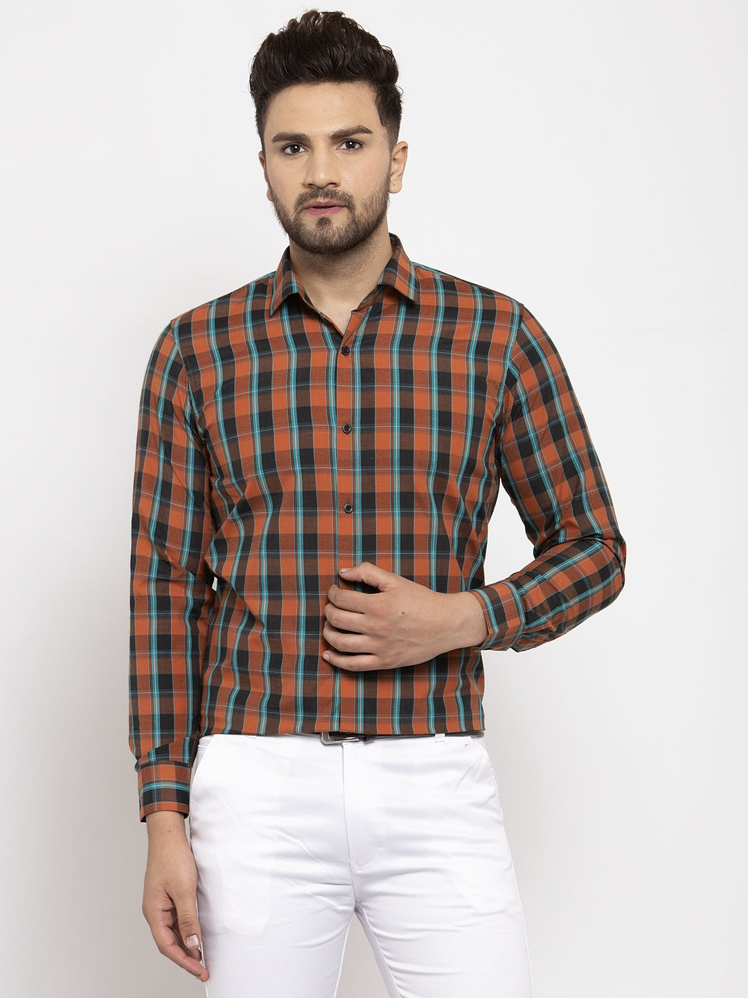 Indian Needle Orange Men's Cotton Checked Formal Shirt's