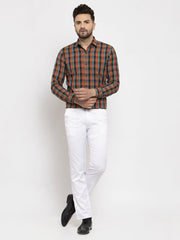 Indian Needle Orange Men's Cotton Checked Formal Shirt's