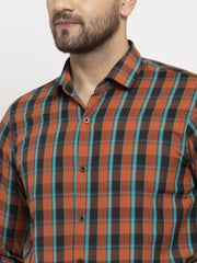 Indian Needle Orange Men's Cotton Checked Formal Shirt's