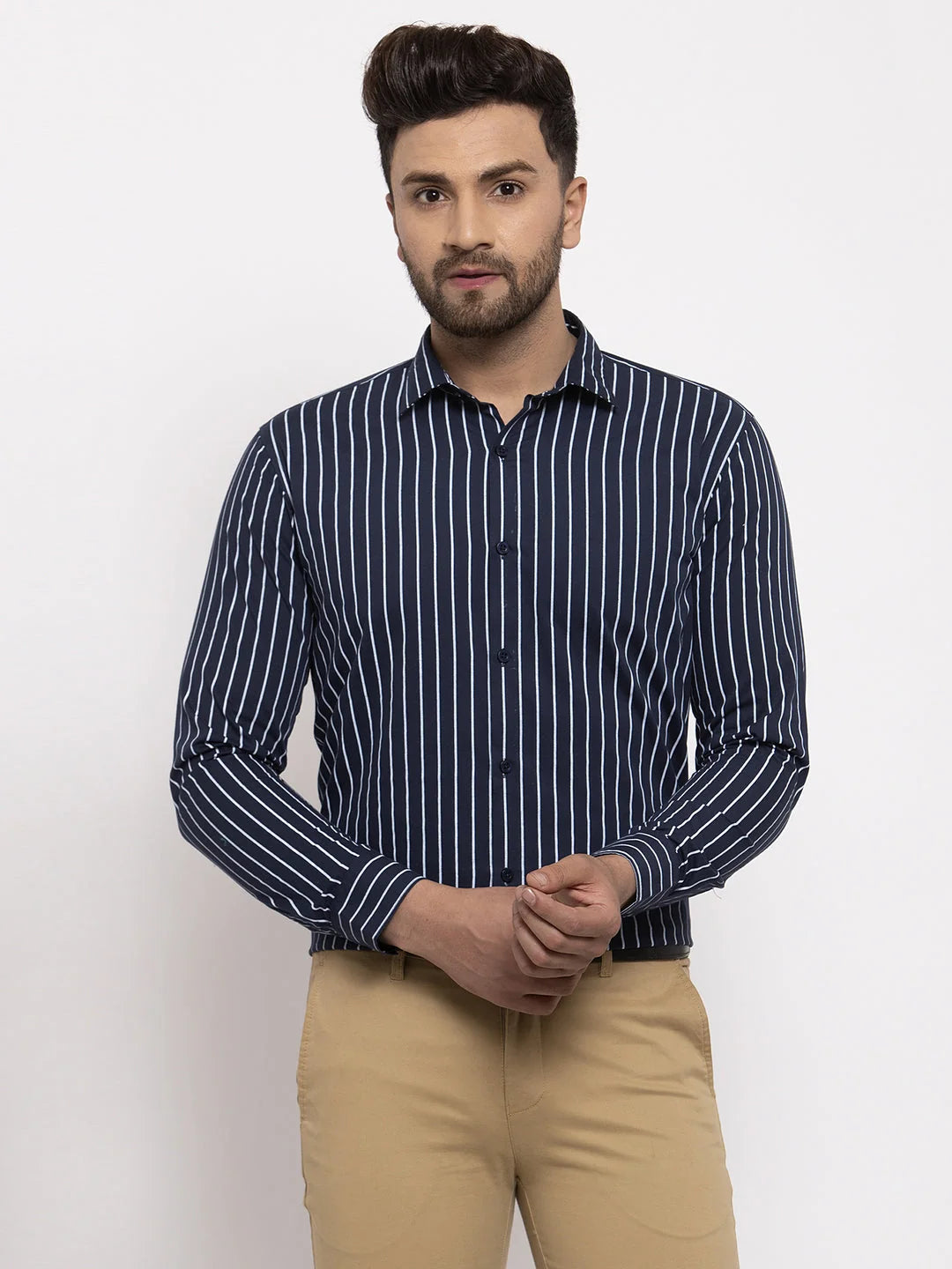 Navy Striped Cotton Mens Shirt - Indian Needle Formal Shirts