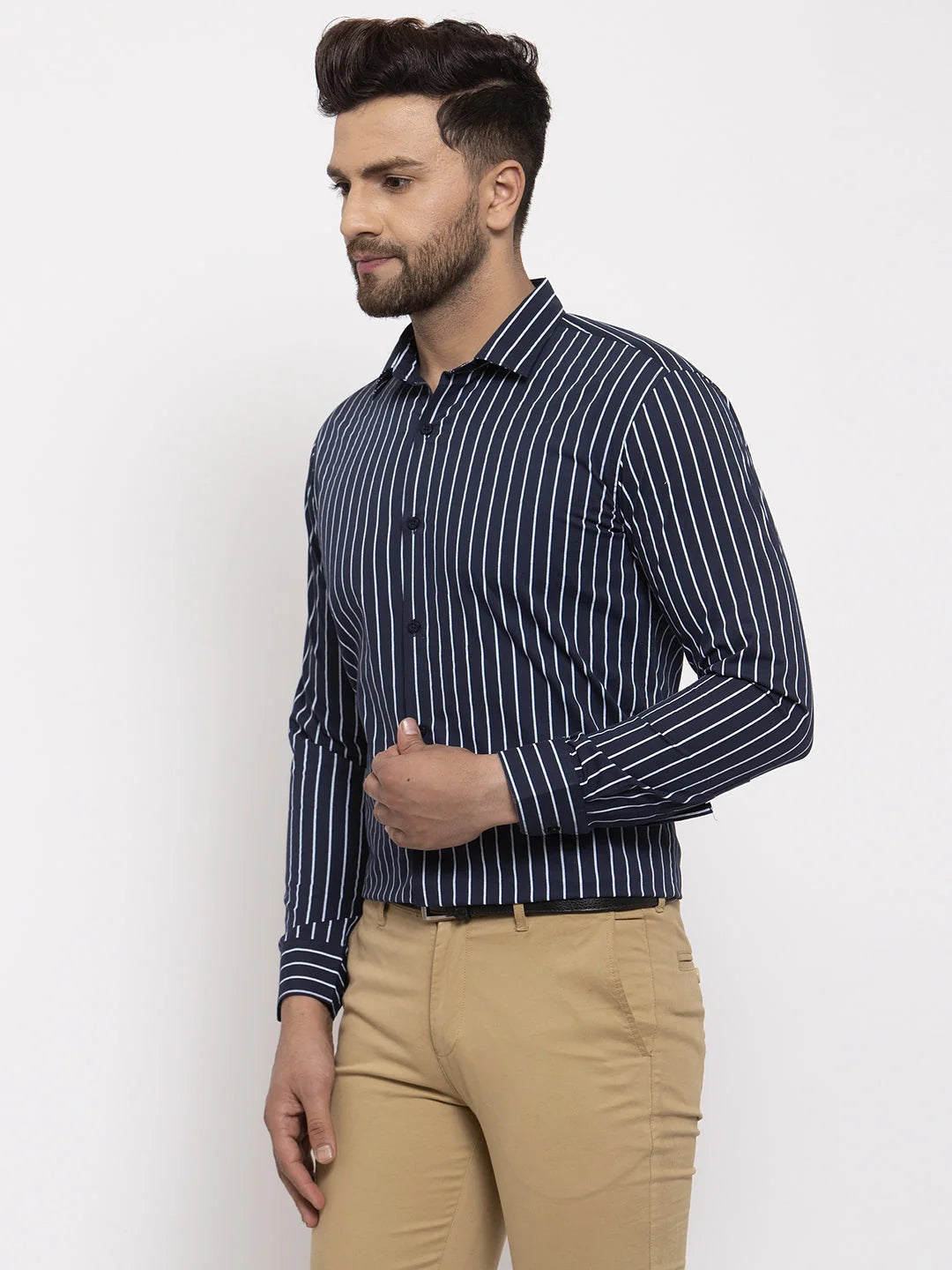 Navy Striped Cotton Mens Shirt - Indian Needle Formal Shirts