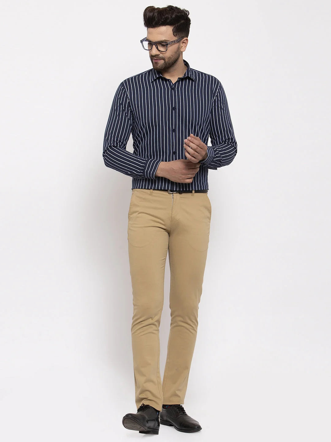 Navy Striped Cotton Mens Shirt - Indian Needle Formal Shirts