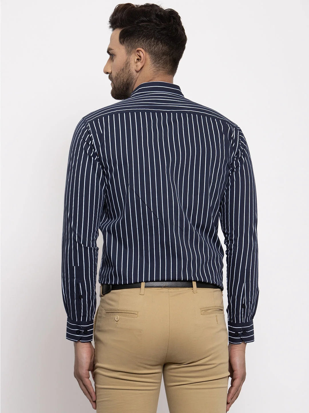 Navy Striped Cotton Mens Shirt - Indian Needle Formal Shirts