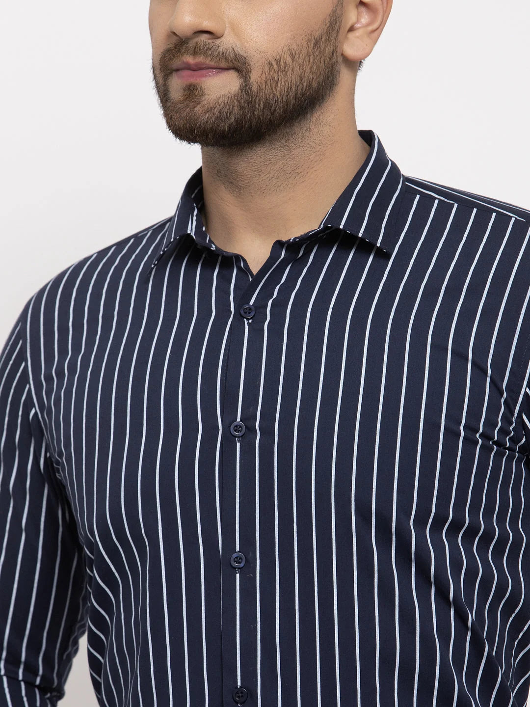 Navy Striped Cotton Mens Shirt - Indian Needle Formal Shirts