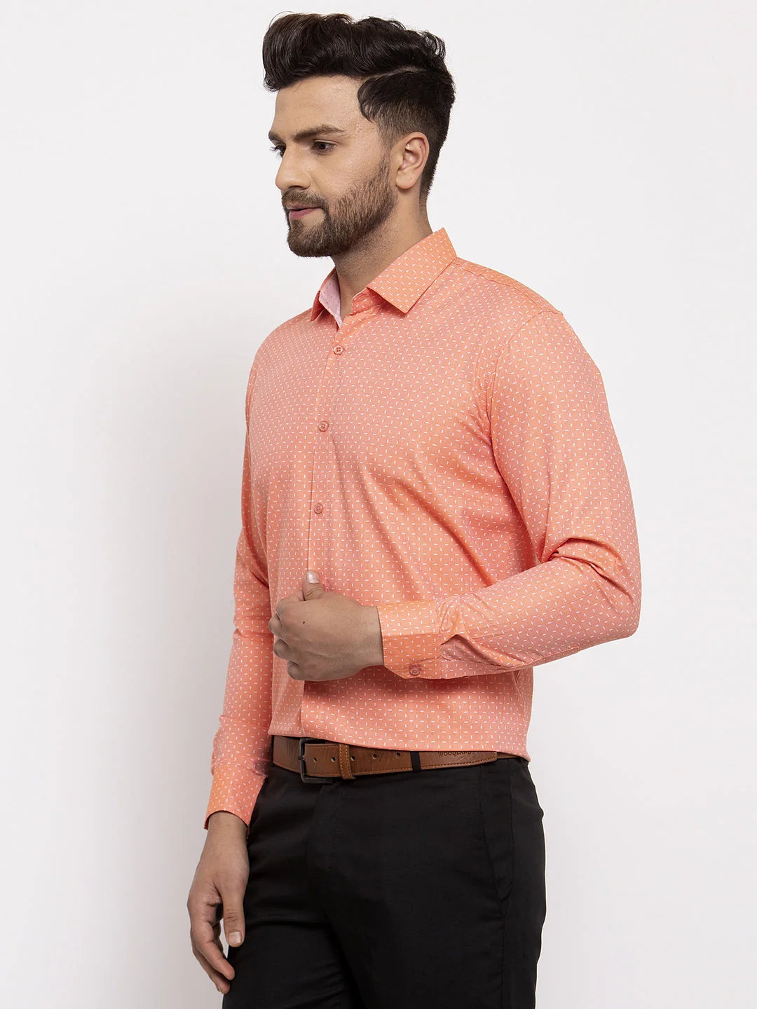 Peach Cotton Mens Printed Shirt | Indian Needle Formal Shirts
