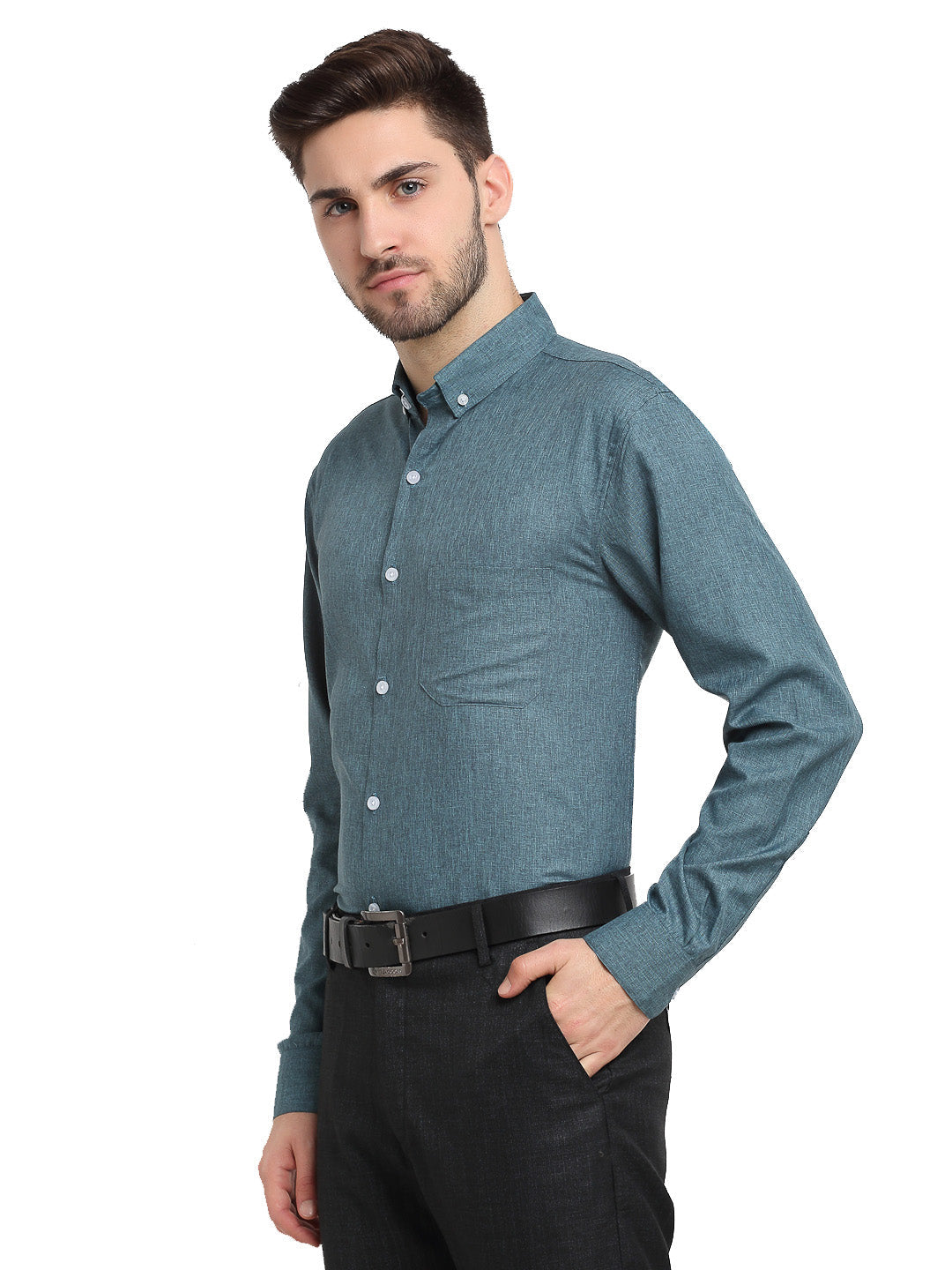 Grey Melange Cotton Formal Shirt - Mens Button Down Shirt
