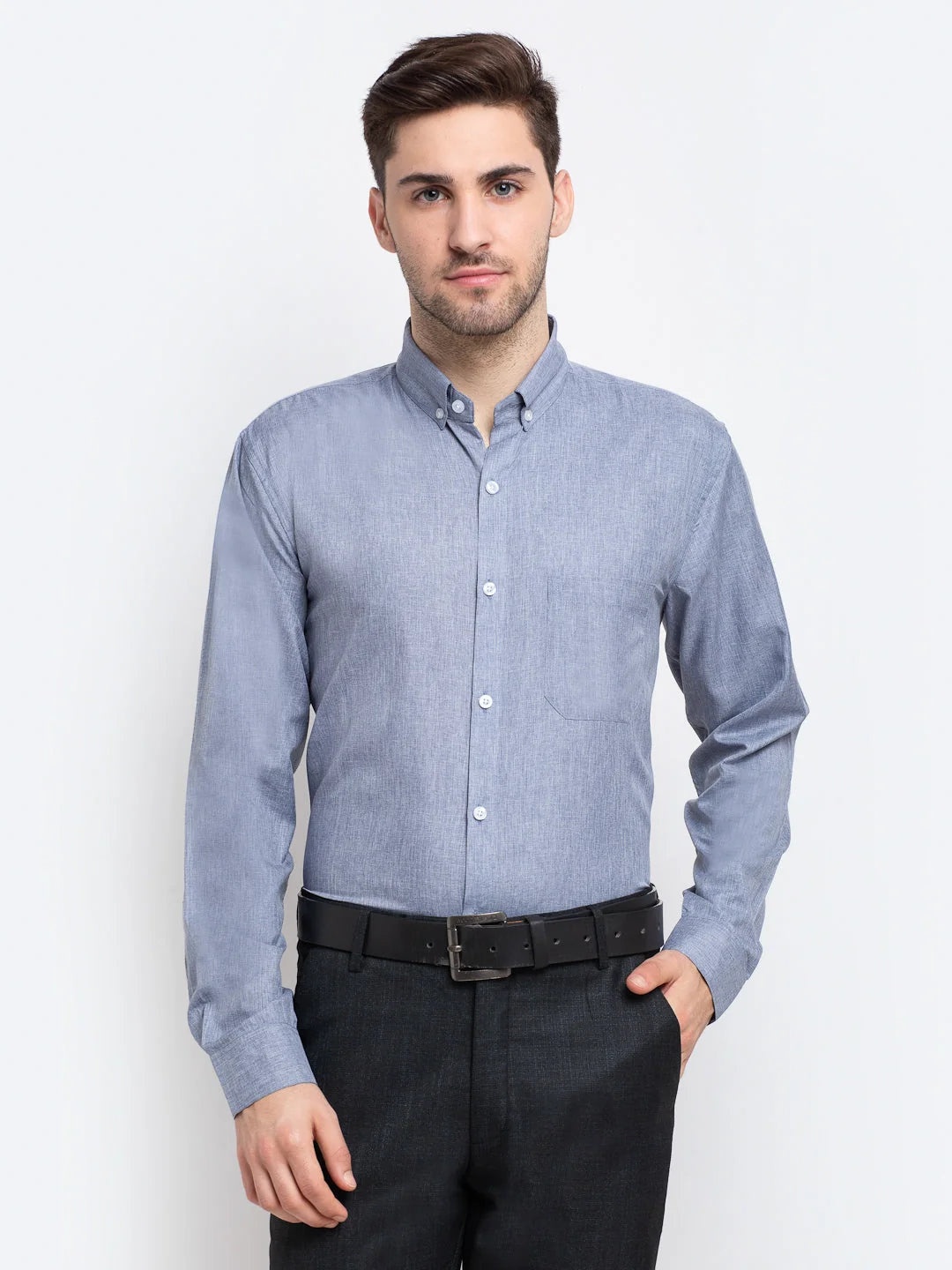 Indian Needle Grey Men's Button Down Collar Cotton Formal Shirt