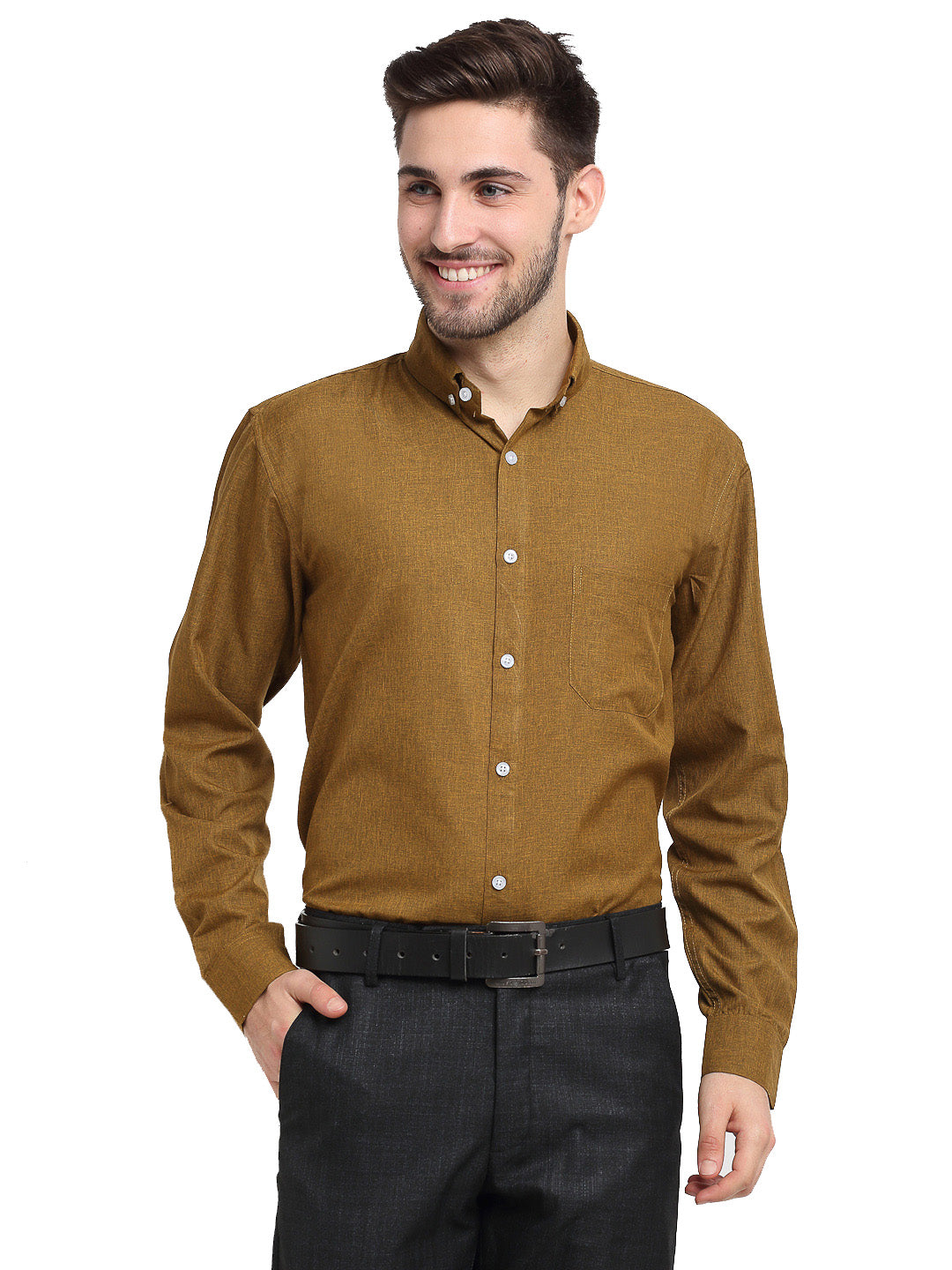 Olive Cotton Formal Shirt - Button Down Mens Shirt by Indian N...