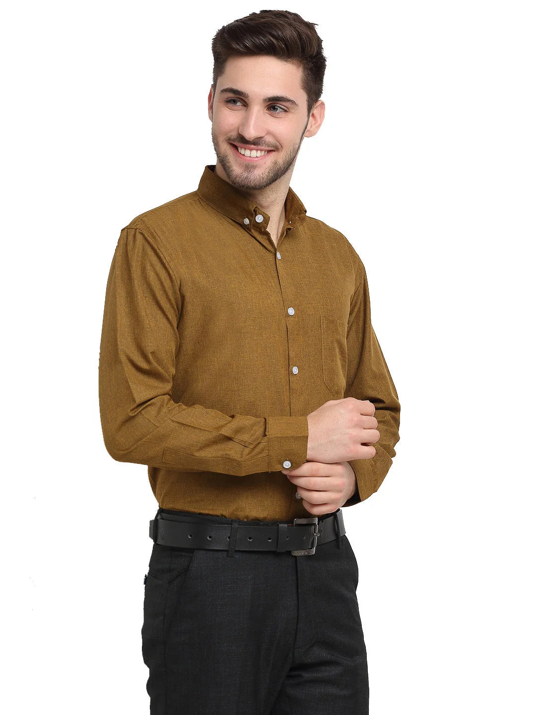 Olive Cotton Formal Shirt - Button Down Mens Shirt by Indian N...