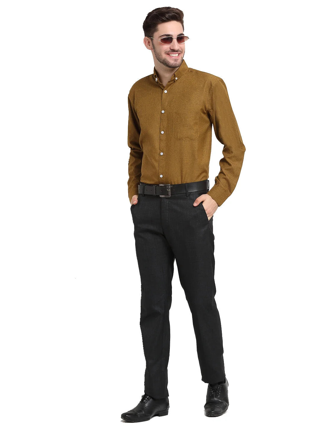 Olive Cotton Formal Shirt - Button Down Mens Shirt by Indian N...