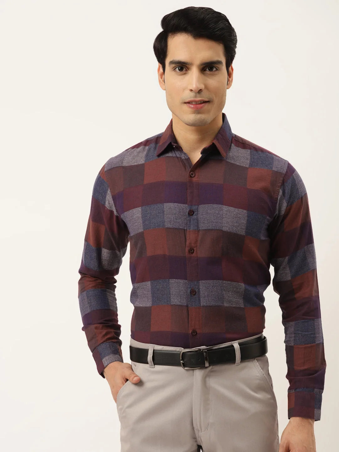 Brown Checked Cotton Mens Shirt | Formal Shirts - Indian Needle
