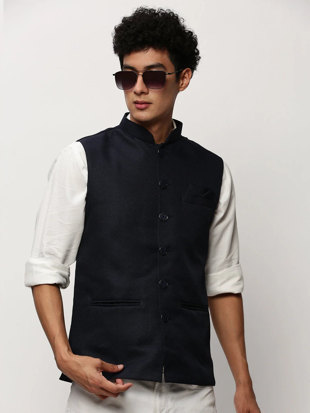 Navy Blue Nehru Jacket for Men | Kurta Pajama | Showoff