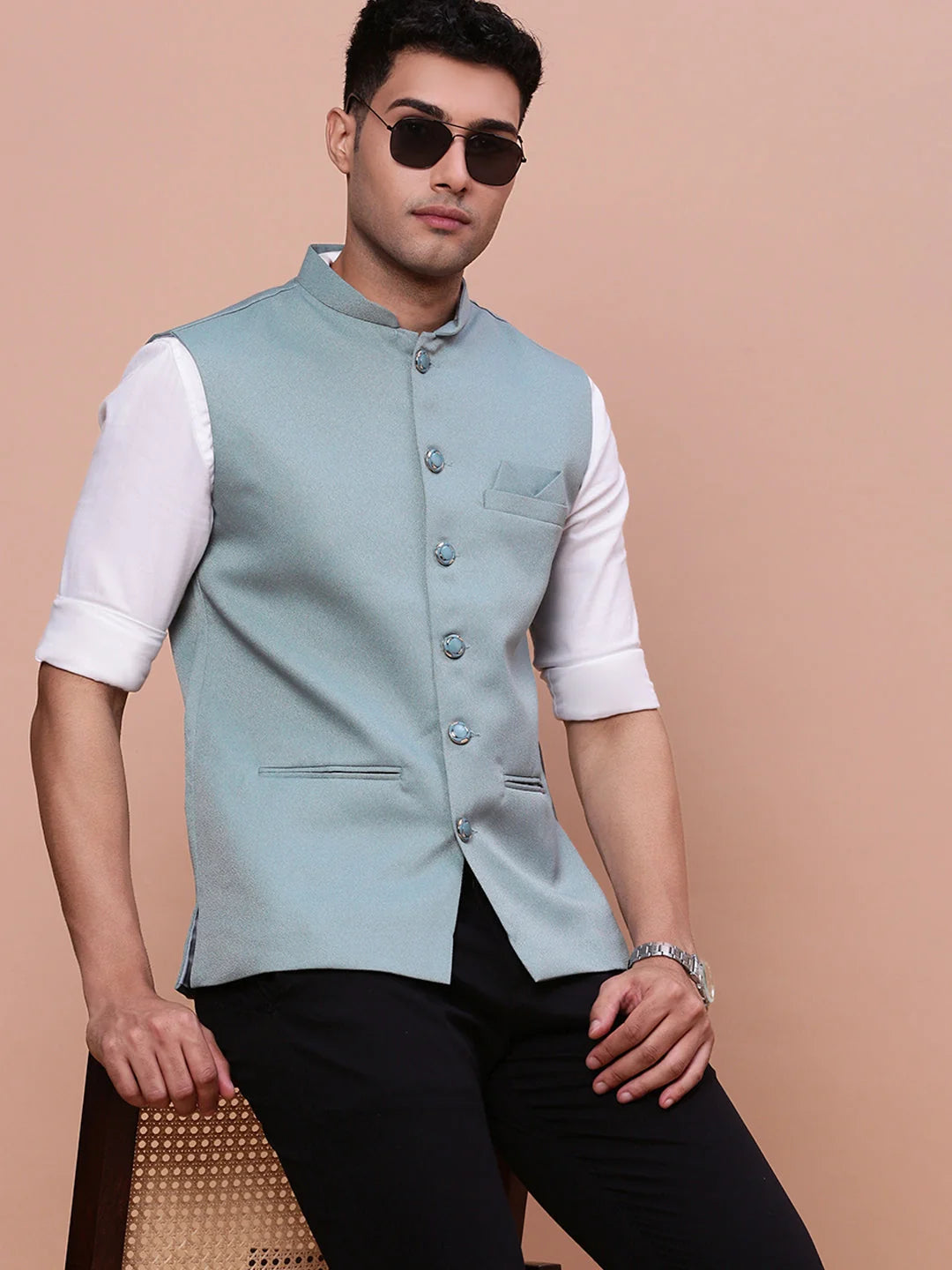 Sea Green Slim Fit Nehru Jacket | Mens Kurta Pajama Online