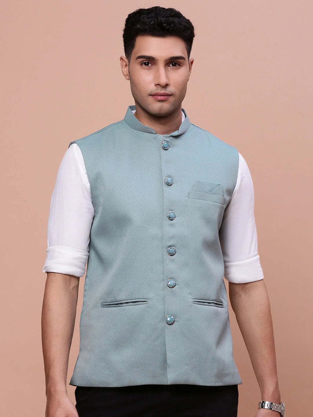 Sea Green Slim Fit Nehru Jacket | Mens Kurta Pajama Online