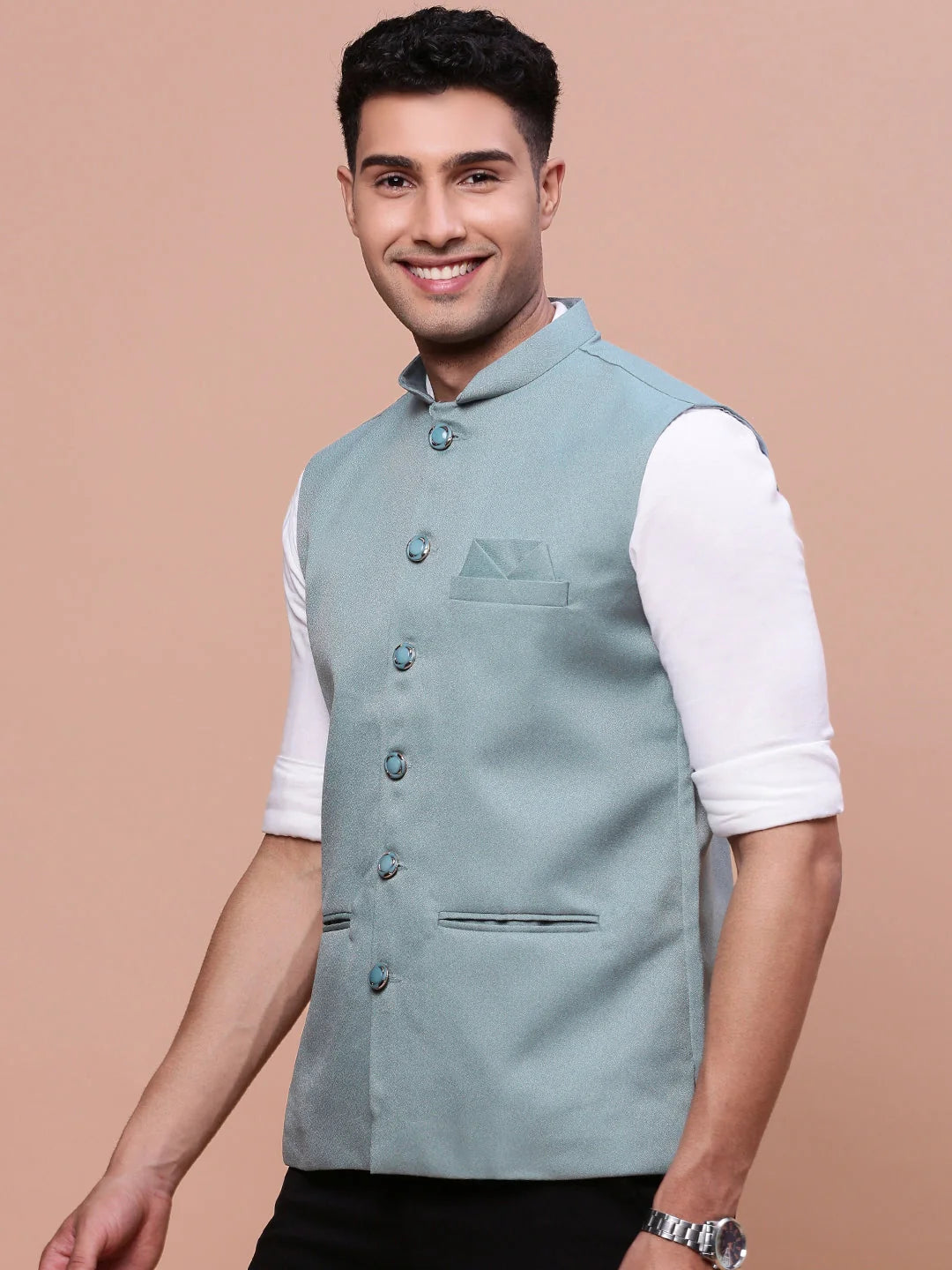 Sea Green Slim Fit Nehru Jacket | Mens Kurta Pajama Online
