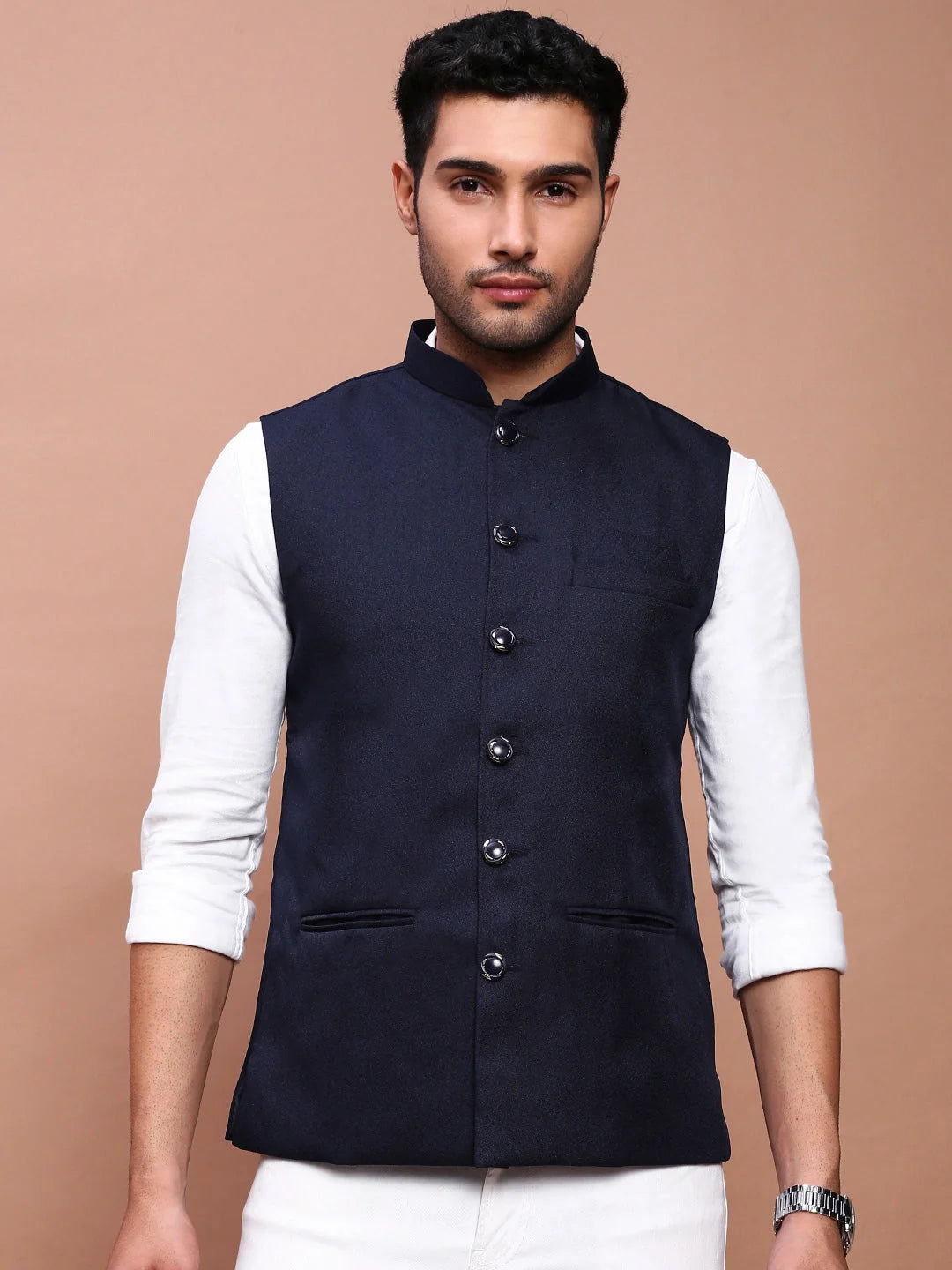 Navy Blue Nehru Jacket - Mens Kurta Pajama Set | Showoff