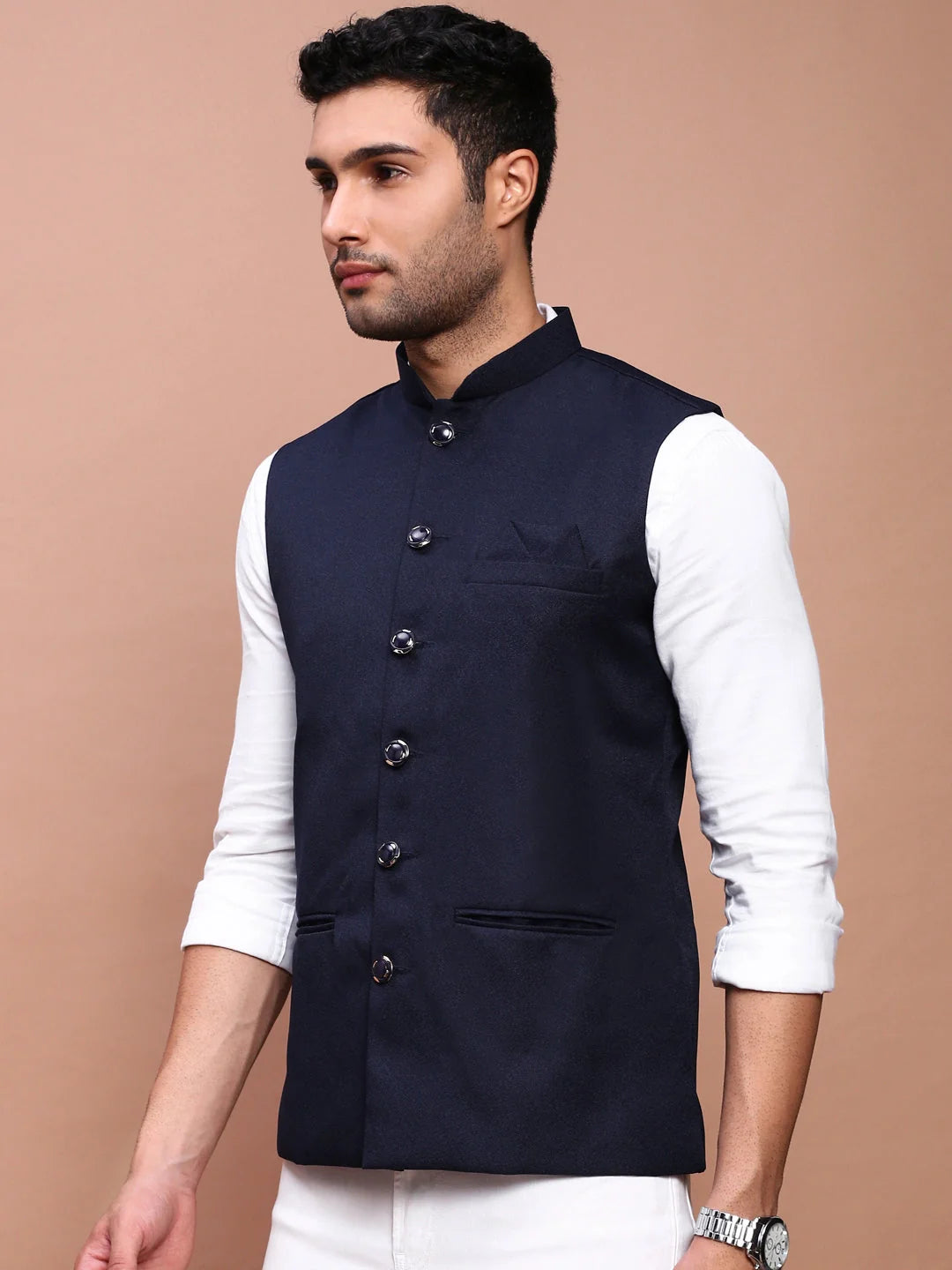 Navy Blue Nehru Jacket - Mens Kurta Pajama Set | Showoff