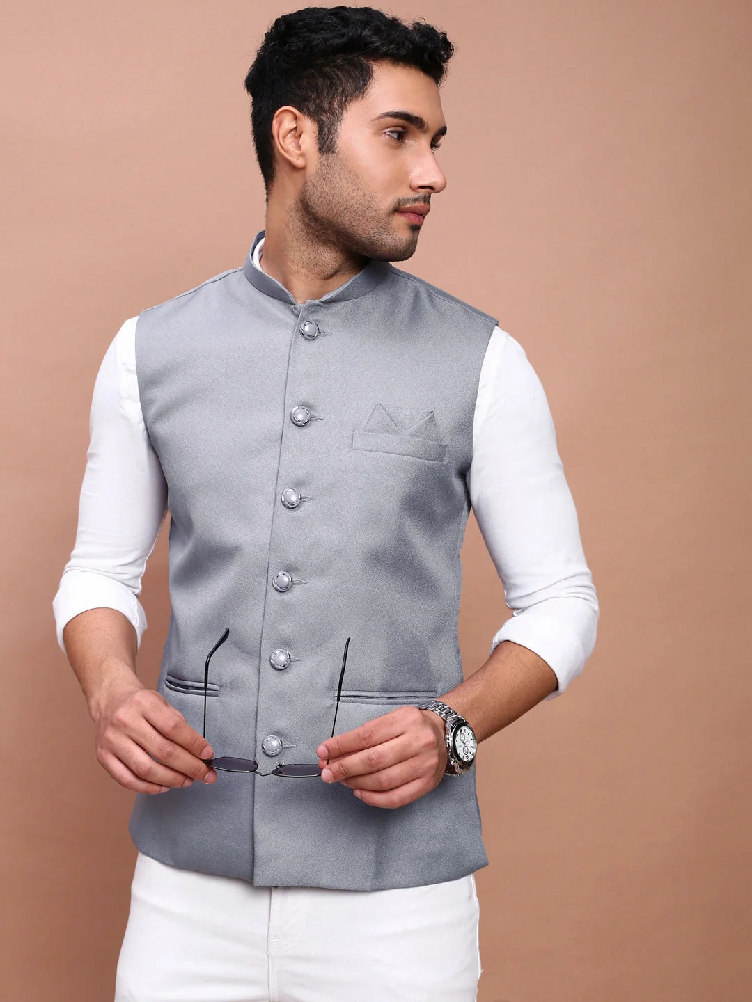Grey Cotton Nehru Jacket | Mens Kurta Pajama Set - Showoff