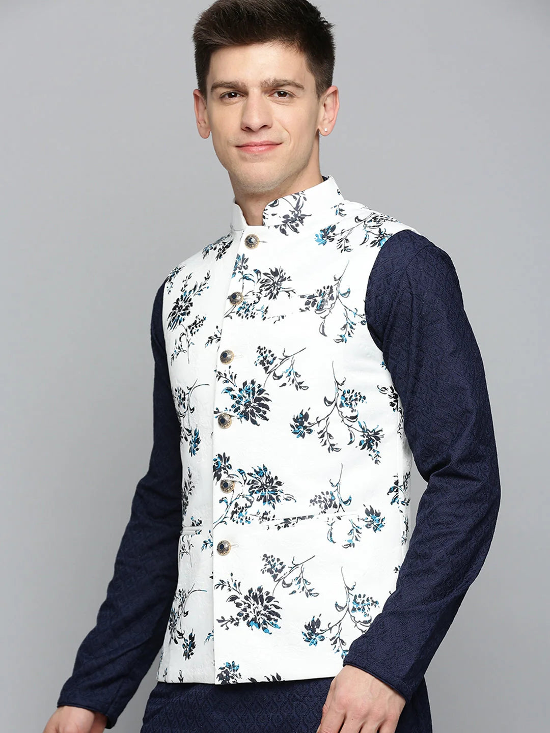 White Printed Nehru Jacket for Men | Mens Kurta Pajama | Showoff