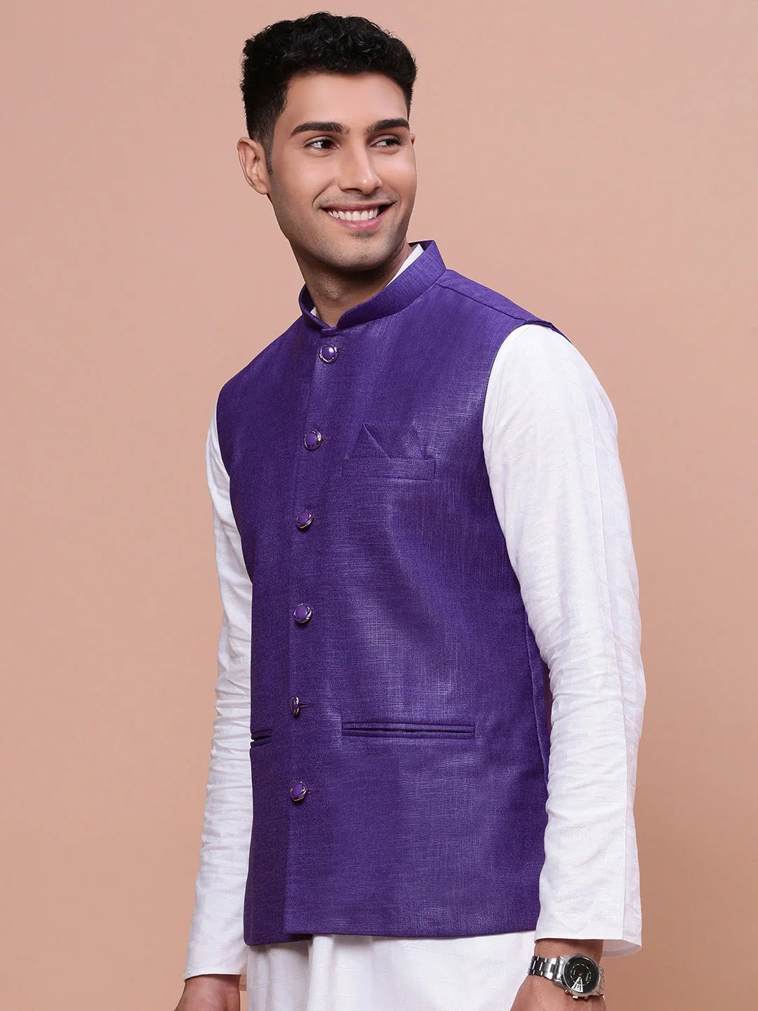 Violet Slim Fit Nehru Jacket | Modern Kurta Pajama Outfit