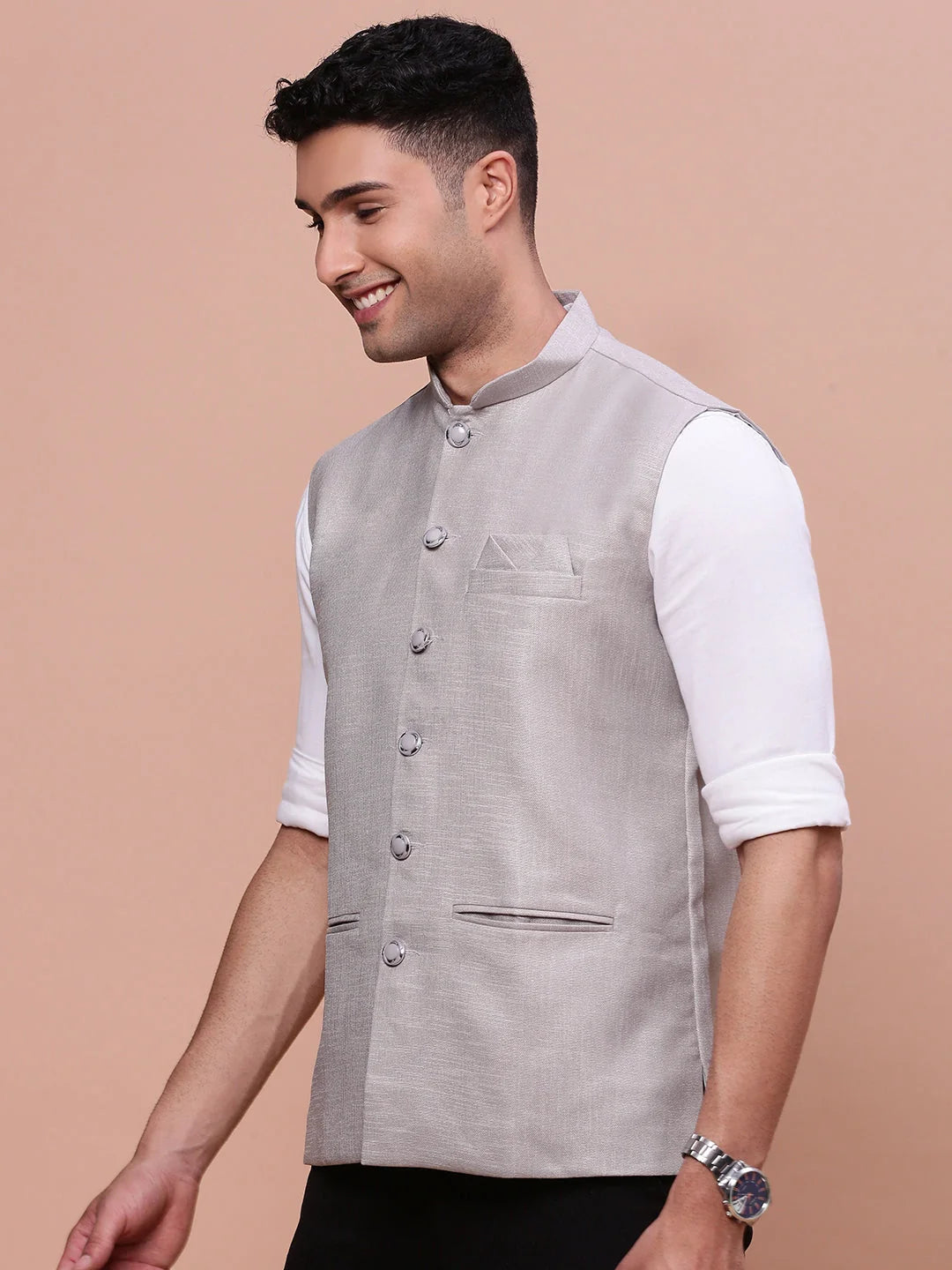 Grey Slim Fit Nehru Jacket | Stylish Mens Kurta Pajama Option