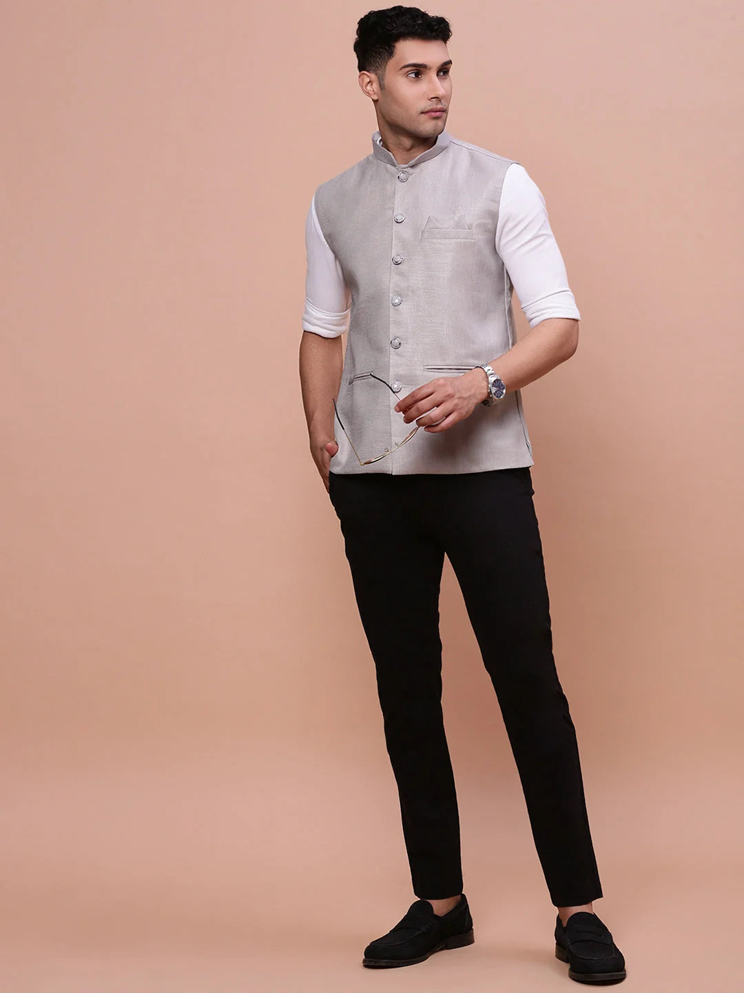 Grey Slim Fit Nehru Jacket | Stylish Mens Kurta Pajama Option