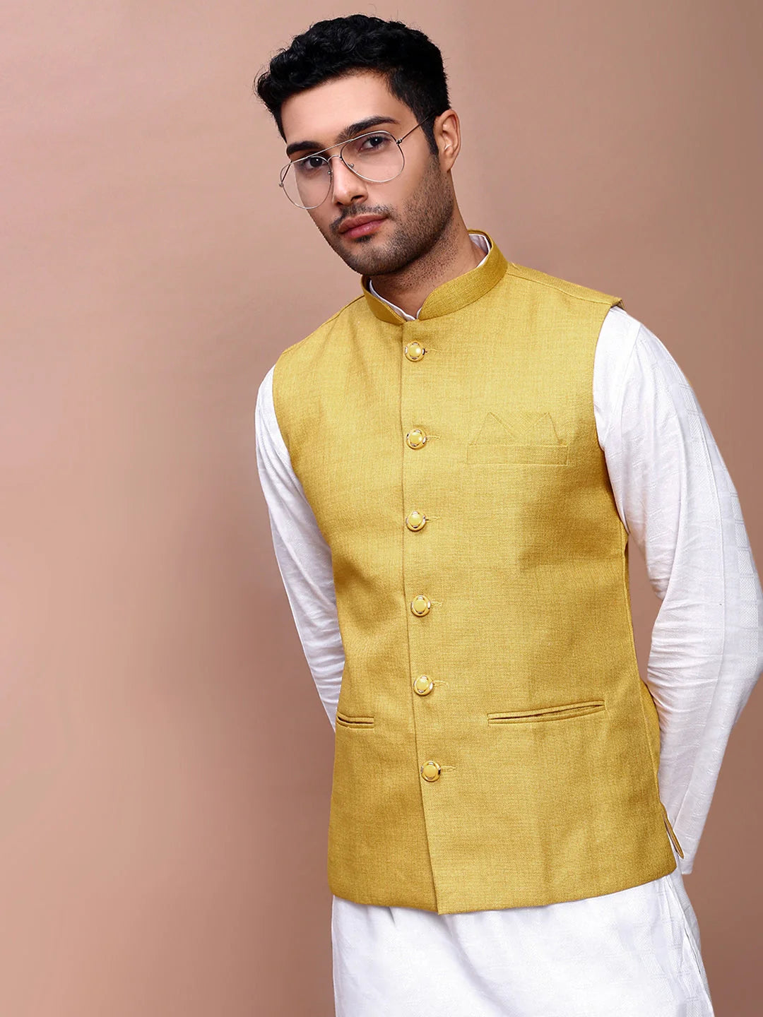 Mustard Solid Nehru Jacket | Mens Kurta Pajama Look - Showoff