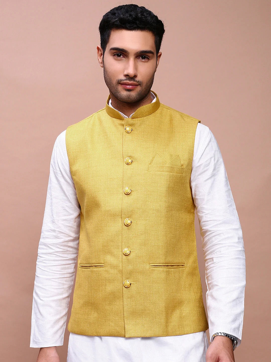 Mustard Solid Nehru Jacket | Mens Kurta Pajama Look - Showoff