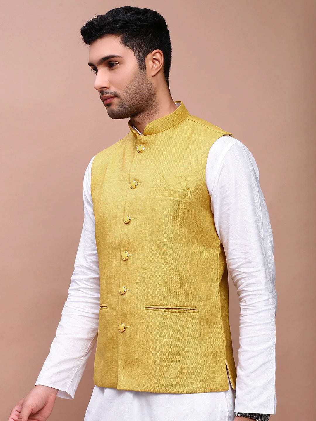 Mustard Solid Nehru Jacket | Mens Kurta Pajama Look - Showoff