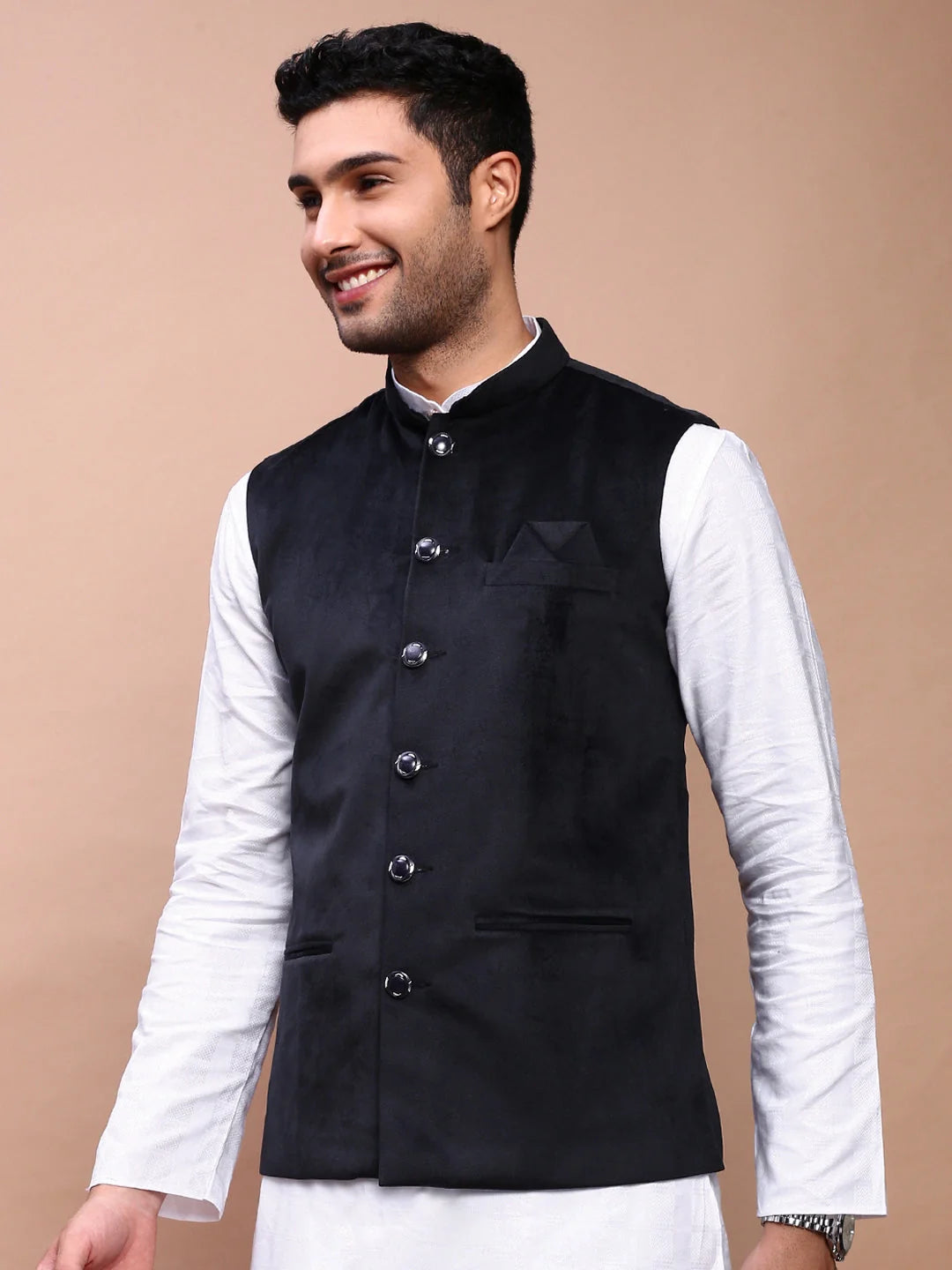Black Solid Slim Fit Nehru Jacket | Mens Kurta Pajama Style