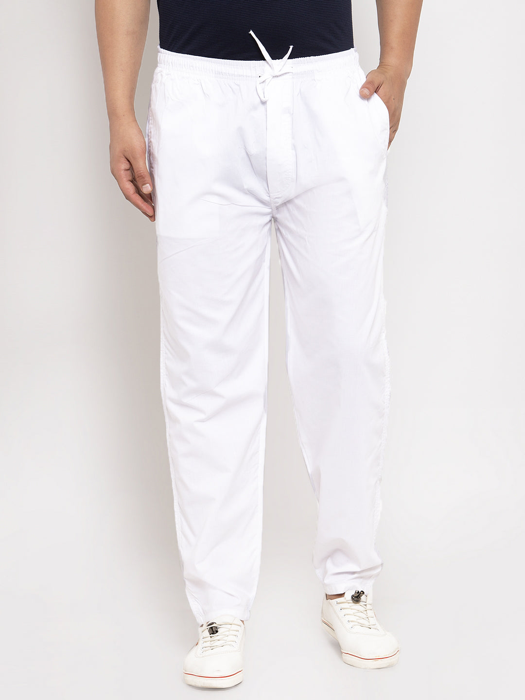 White Cotton Mens Pajamas - Solid Track Pants | Indian Needle