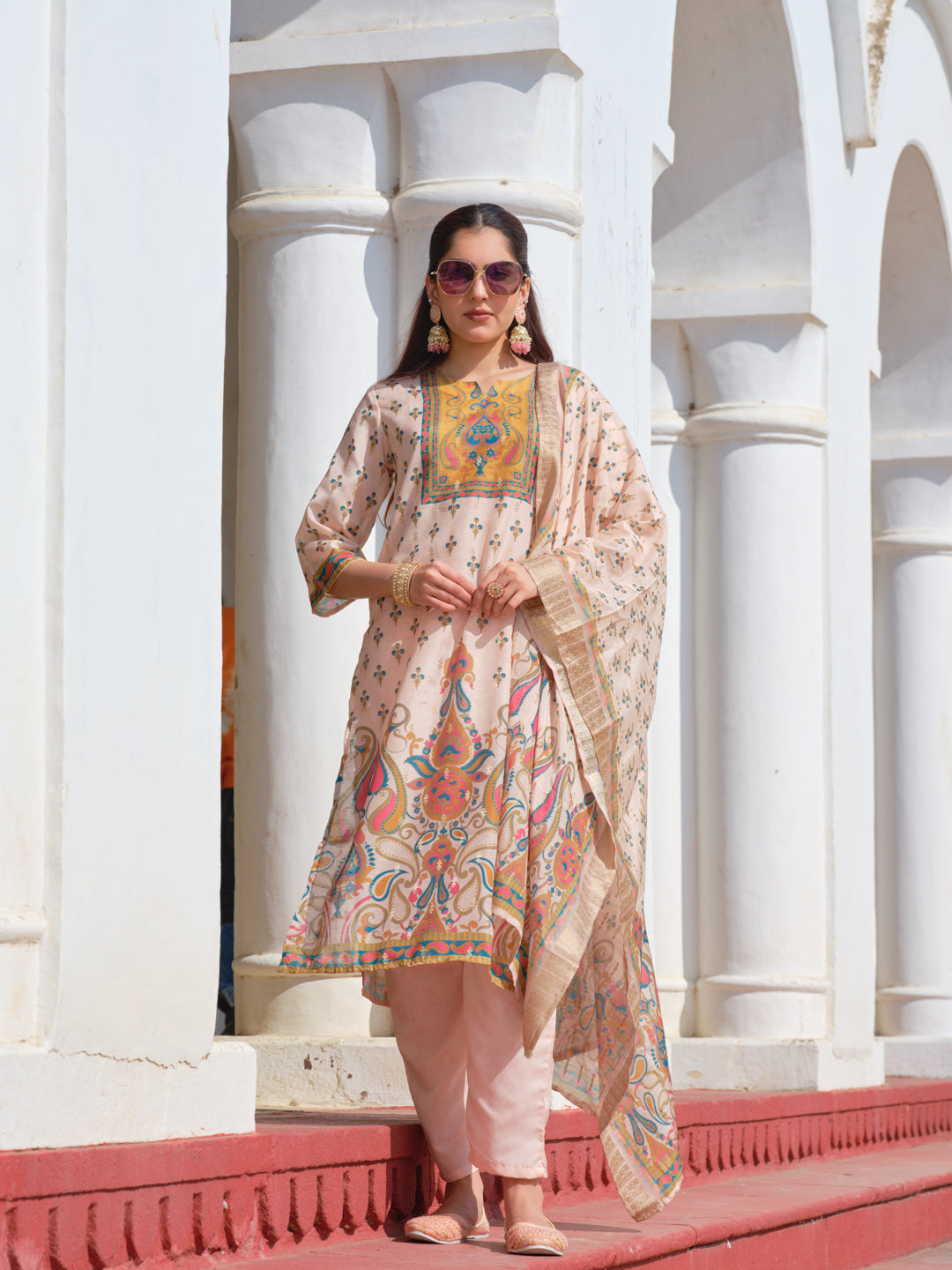 Cotton Blend Kurta Set for Women - Peach | MLWSHKS9307PCH