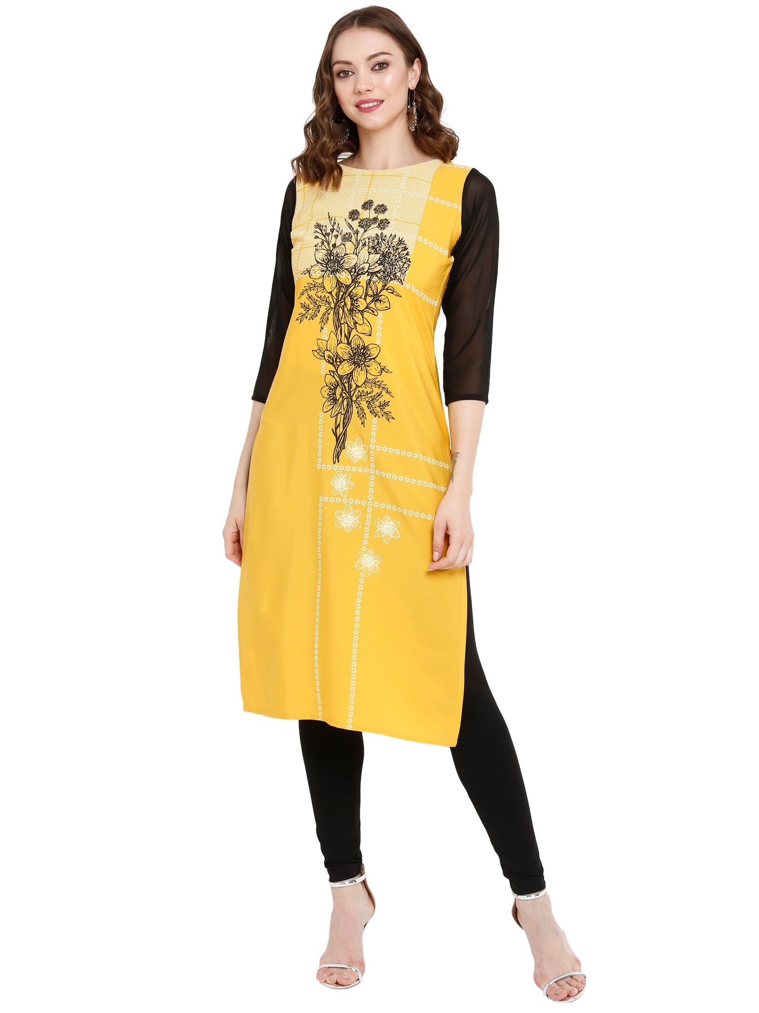 Yellow Floral Printed Indian Kurta for Women | Polyester