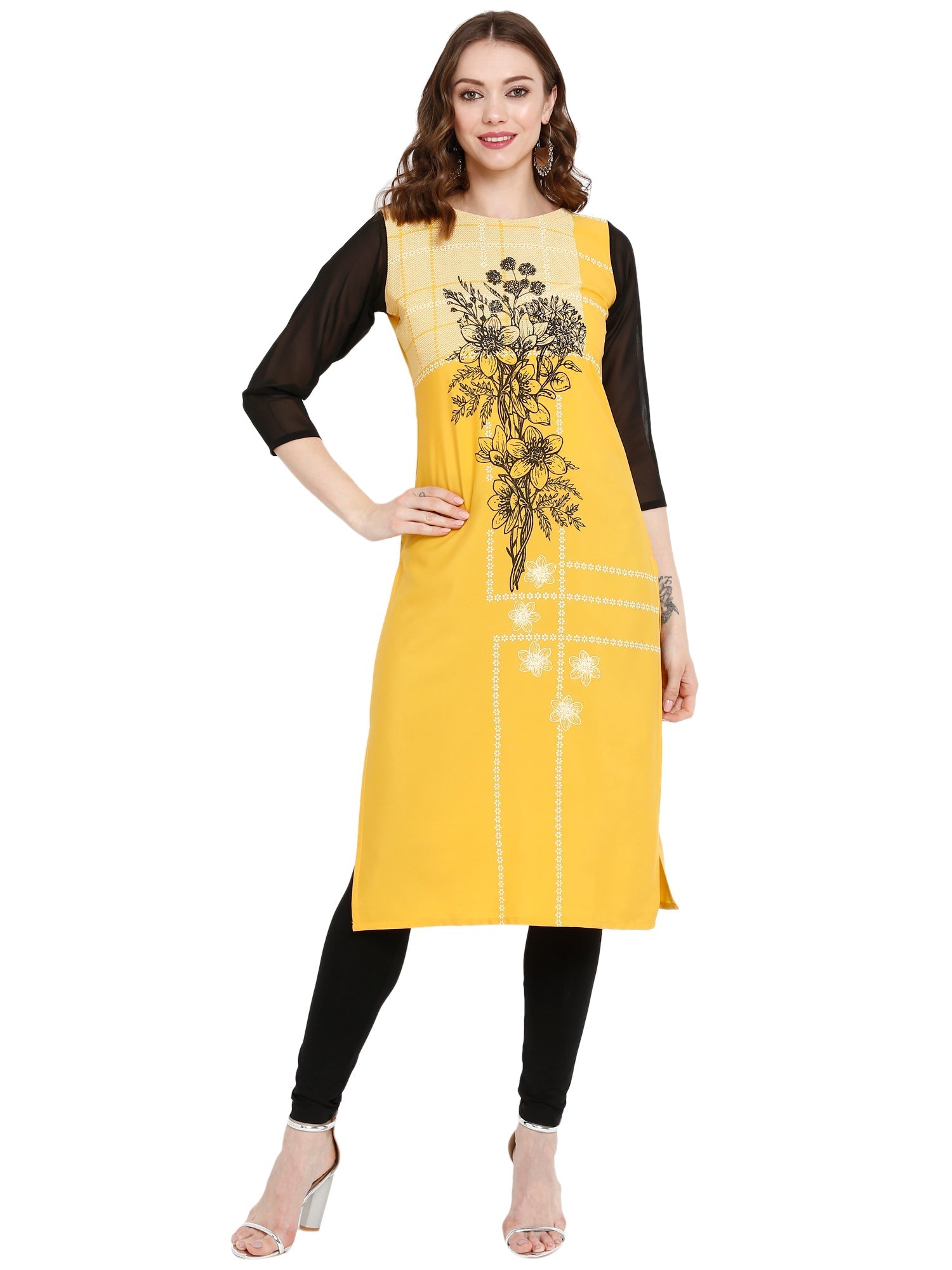 Yellow Floral Printed Indian Kurta for Women | Polyester
