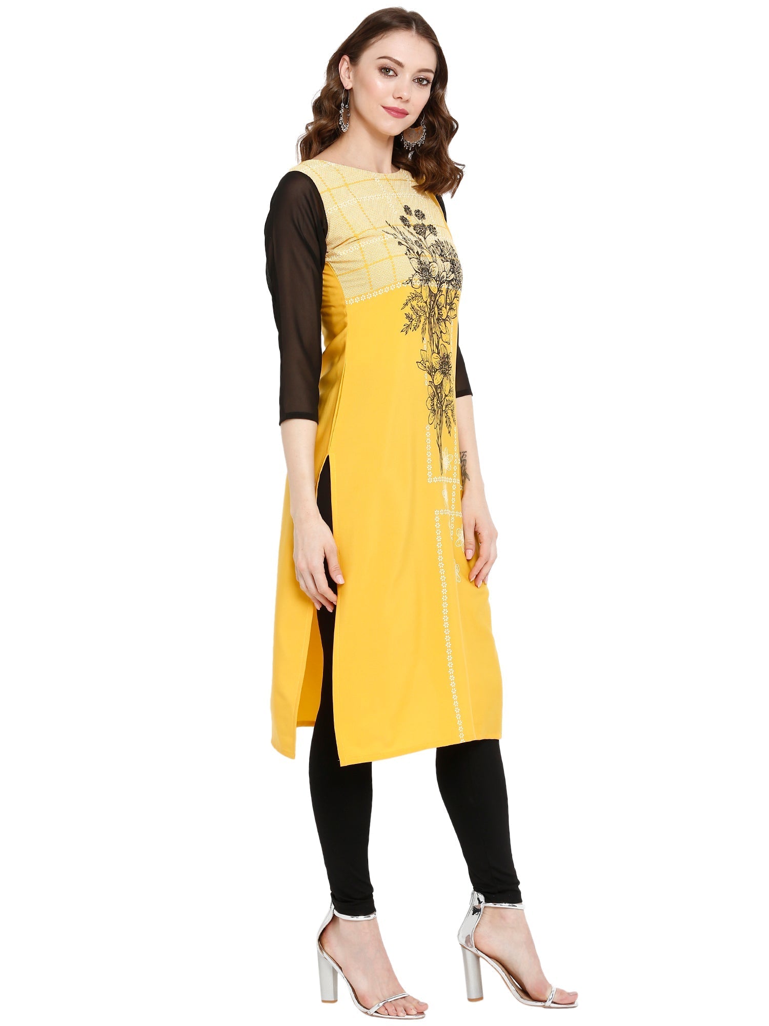 Yellow Floral Printed Indian Kurta for Women | Polyester