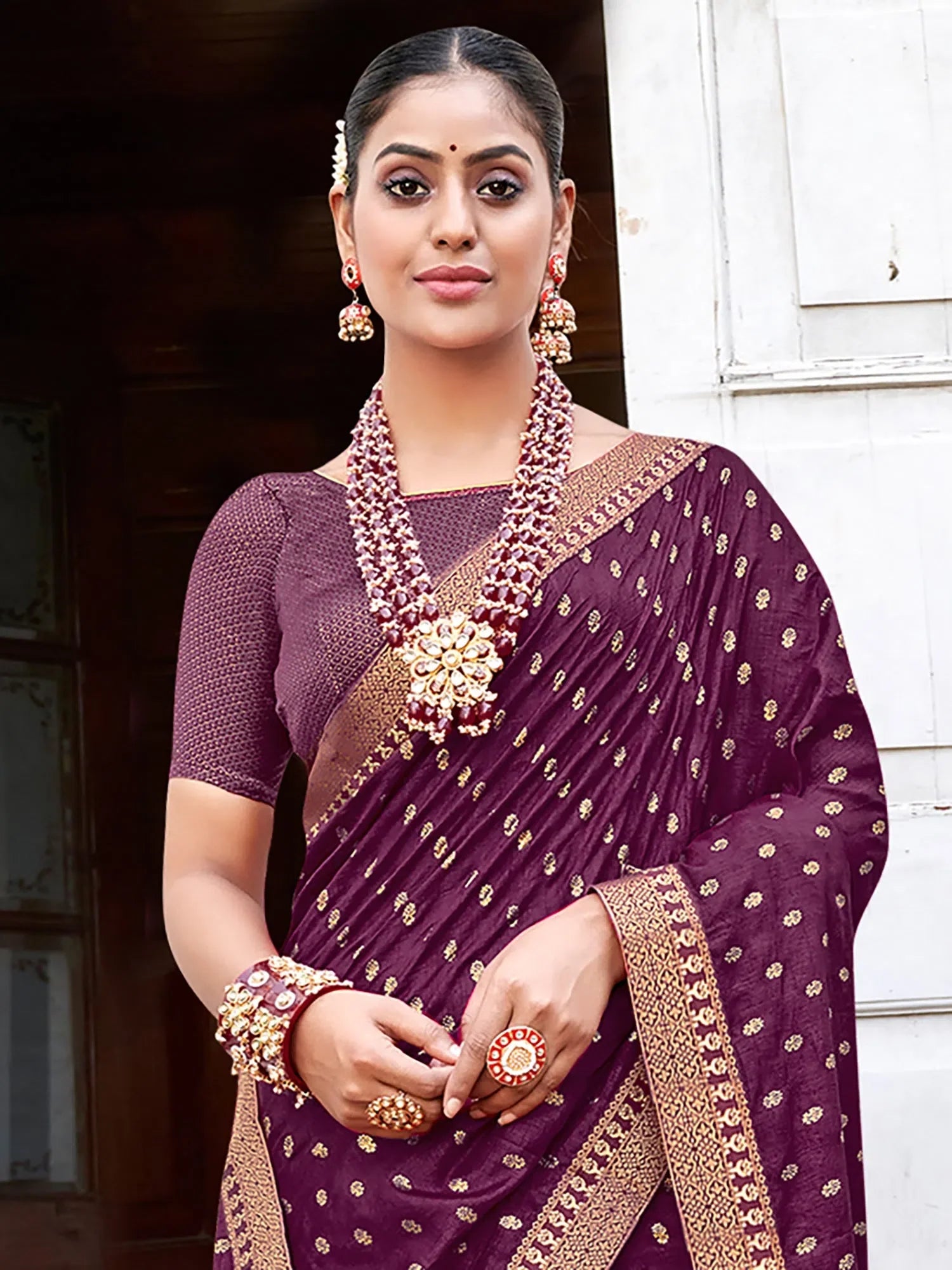 Purple Embellished Indian Sari | Elegant Designer Polyester Saree