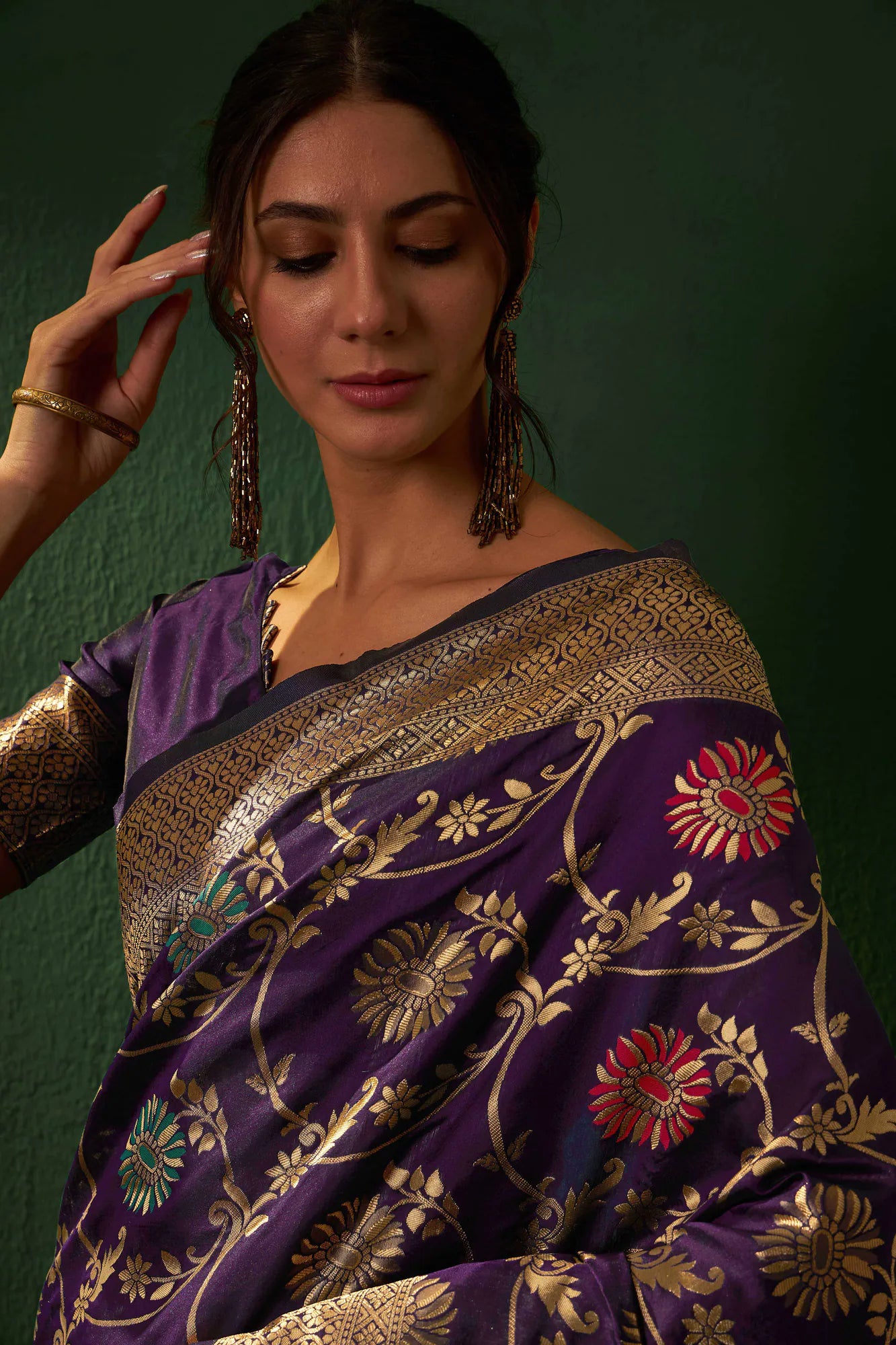 Wine Woven Design Indian Sari - Polyester Saree