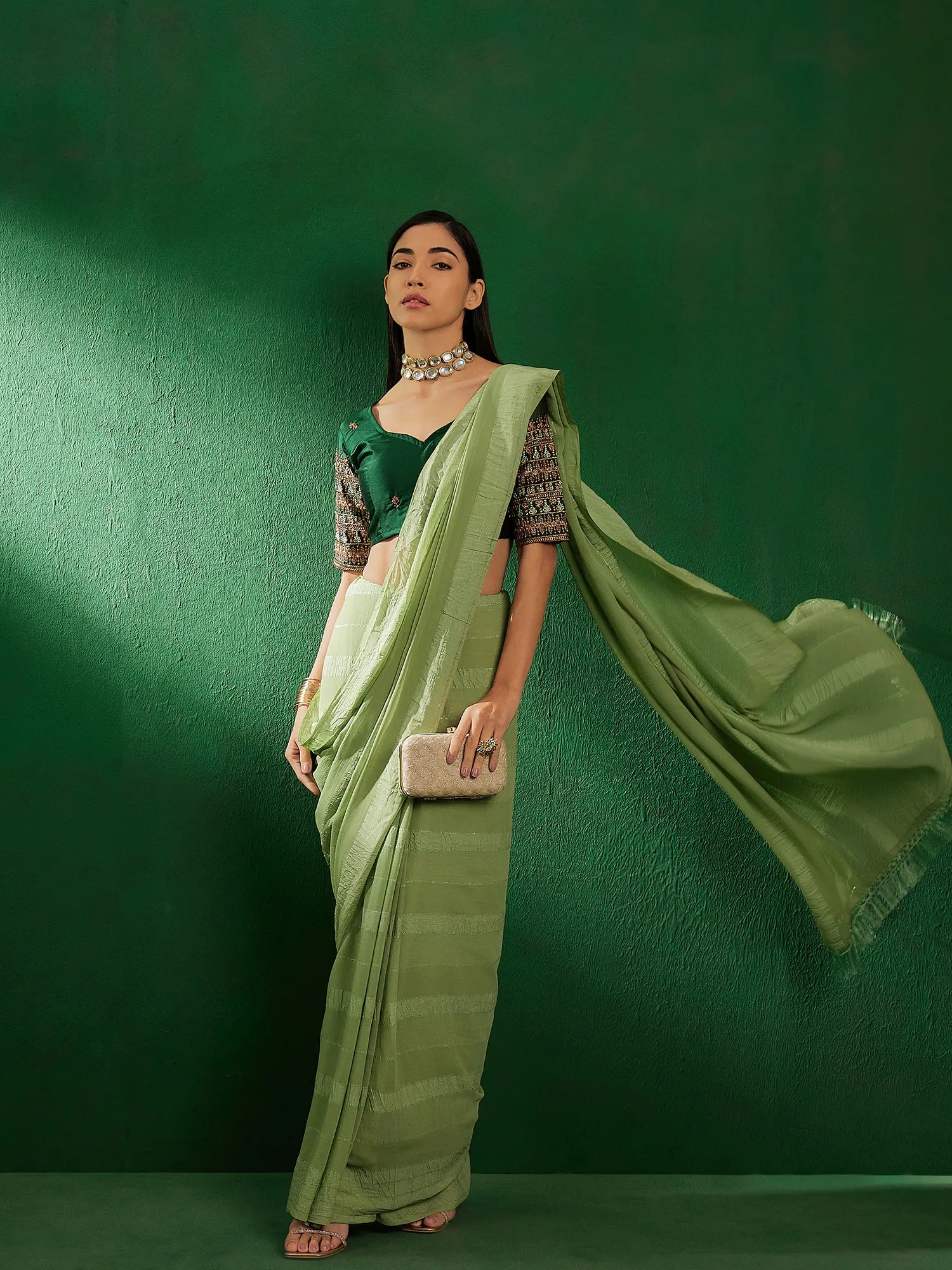 Green Embroidered Polyester Saree | Classic Indian Sarees