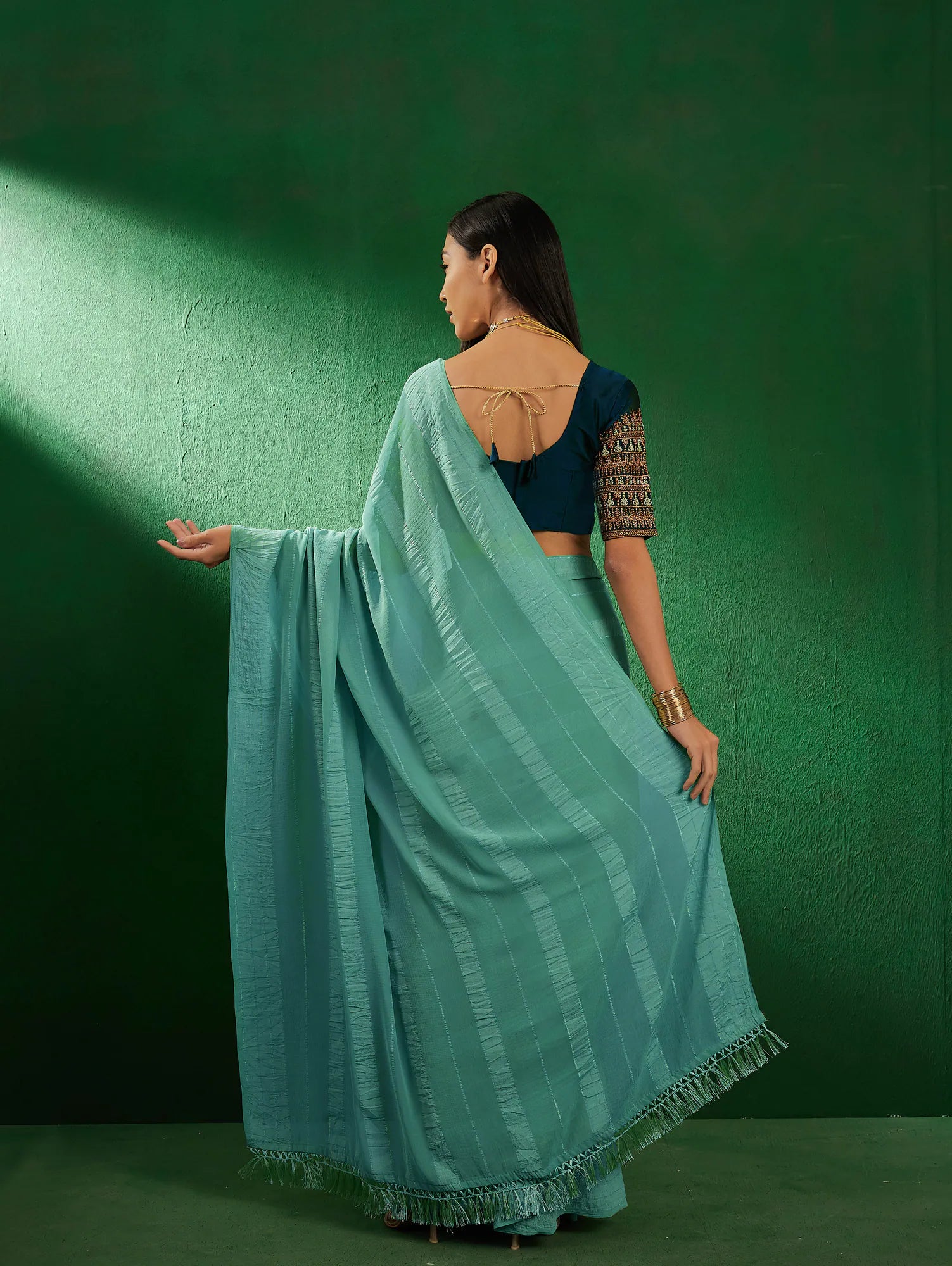 Teal Embroidered Saree: Designer Sarees India