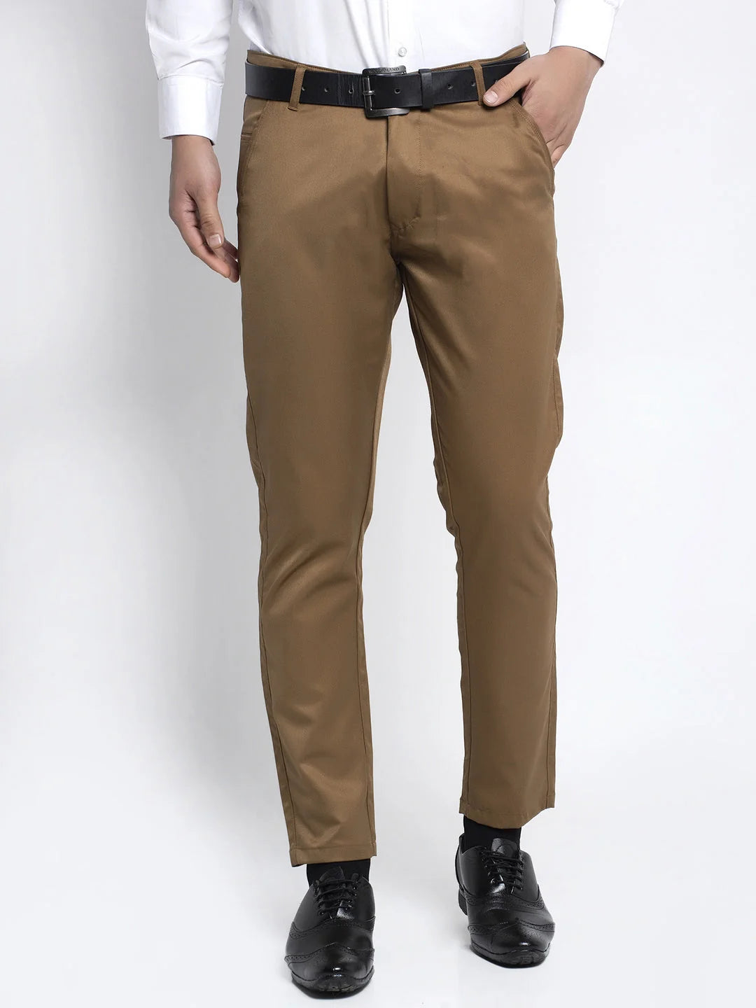 Jainish Men's Brown Tapered Formal Trousers
