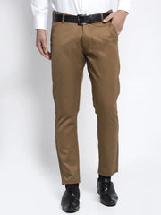 Jainish Men's Brown Tapered Formal Trousers