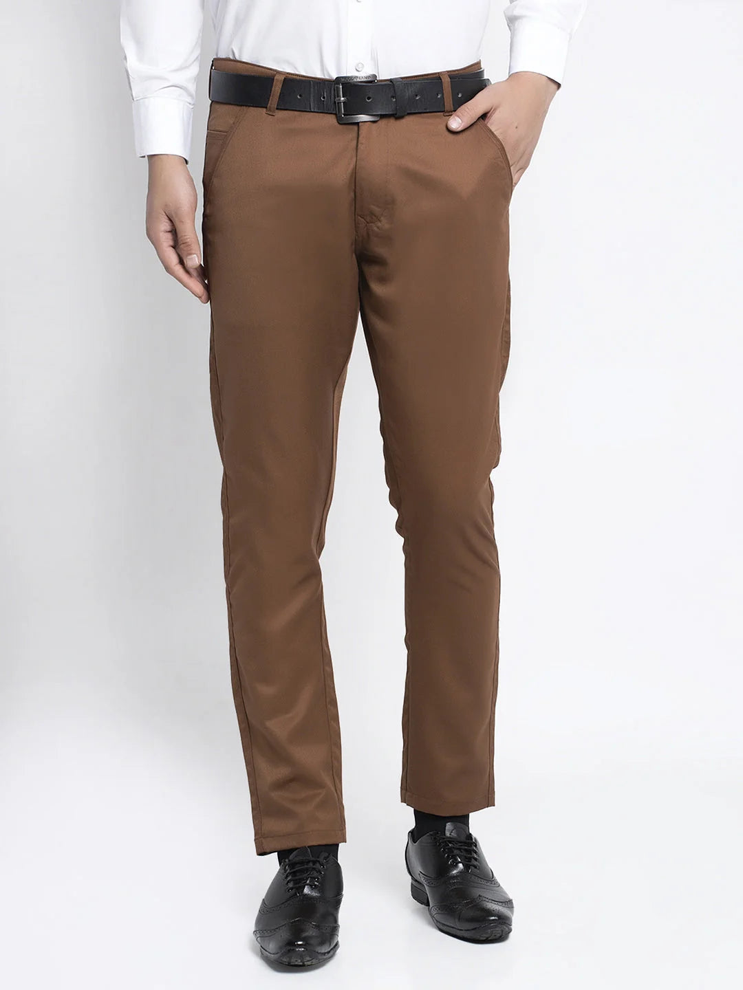 Jainish Brown Tapered Fit Formal Trousers | Cotton Pants
