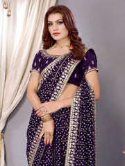 Women's Vichitra  Purple Embellished Designer Saree With Blouse Piece-ANGEL3005