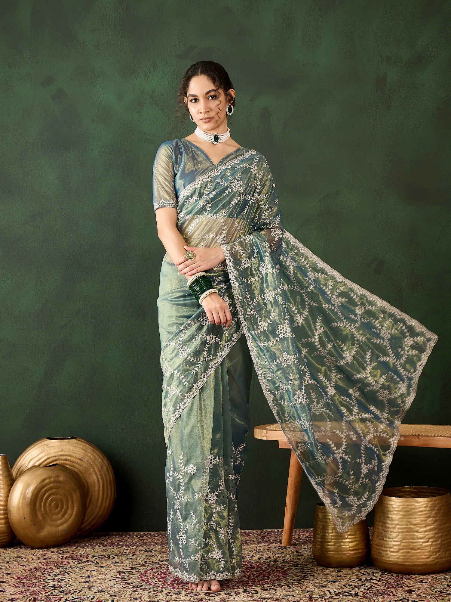 Teal Embroidered Indian Sari - Polyester Saree Online